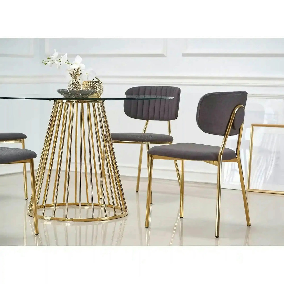Masa sticla rotunda bucatarie LIVERPOOL, transparent/auriu, 120x120x75 cm