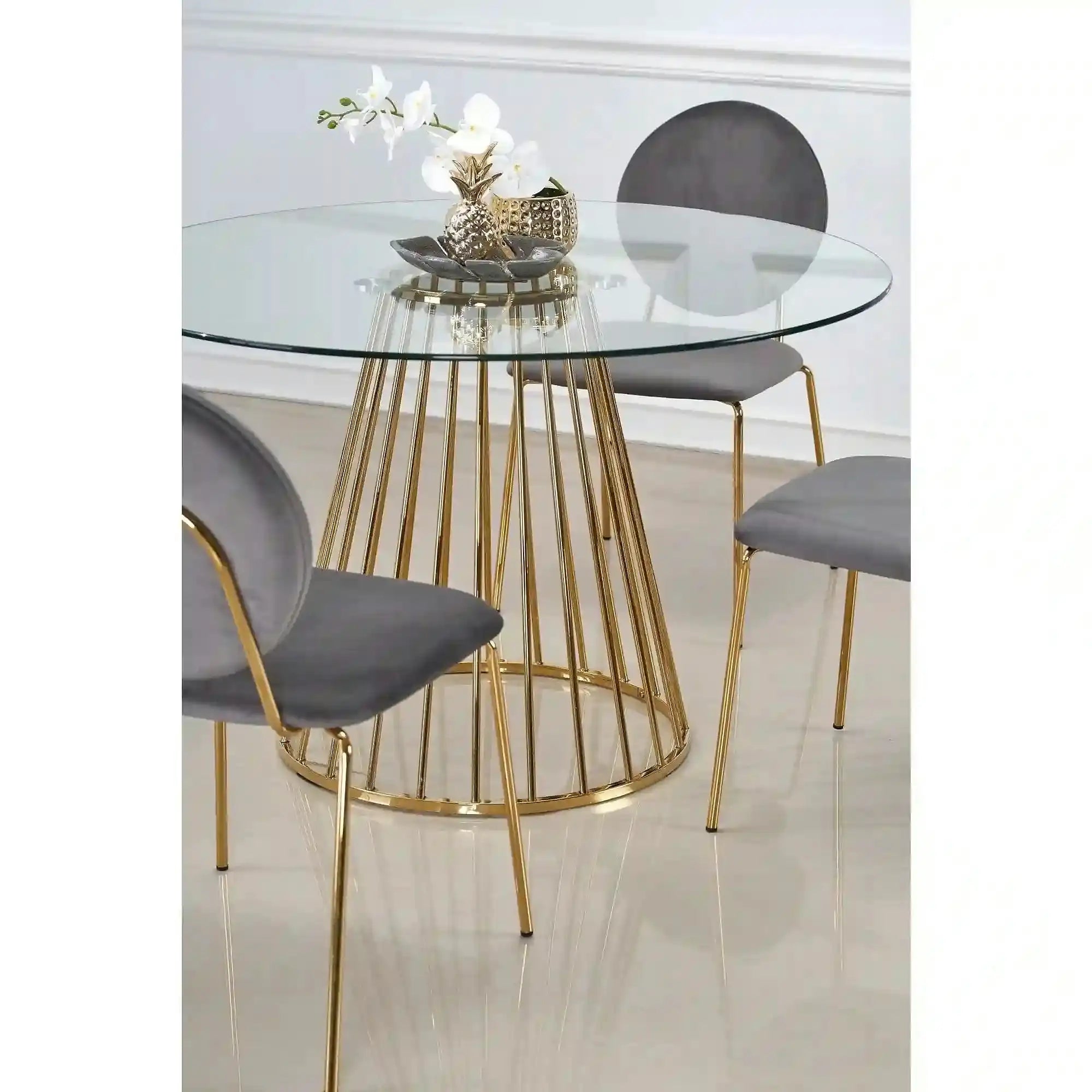 Masa sticla rotunda bucatarie LIVERPOOL, transparent/auriu, 120x120x75 cm