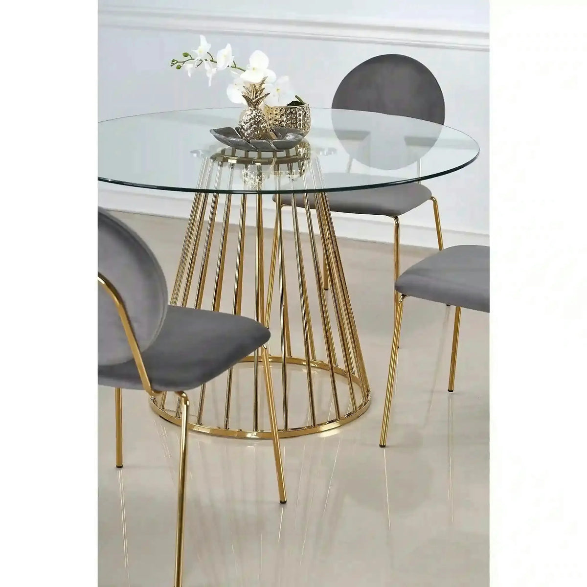 Masa sticla rotunda bucatarie LIVERPOOL, transparent/auriu, 120x120x75 cm