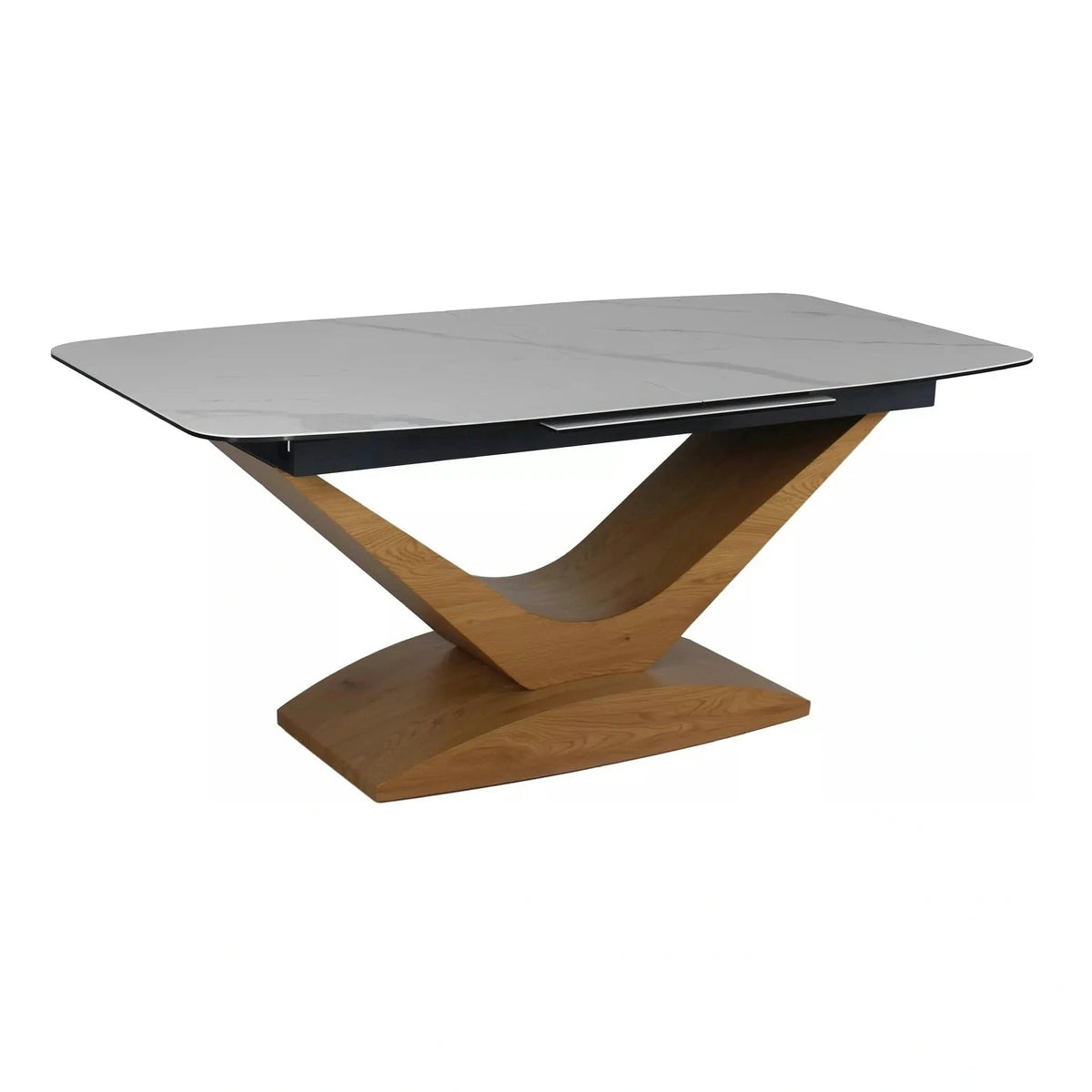 Masa sticla securizata DOLCE, alb cu efect de marmura/stejar, 180/240x95x76 cm