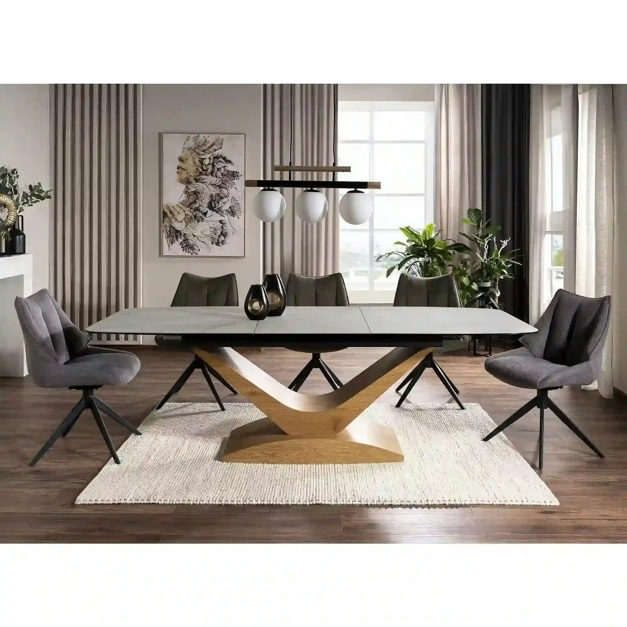 Masa sticla securizata DOLCE, alb cu efect de marmura/stejar, 180/240x95x76 cm