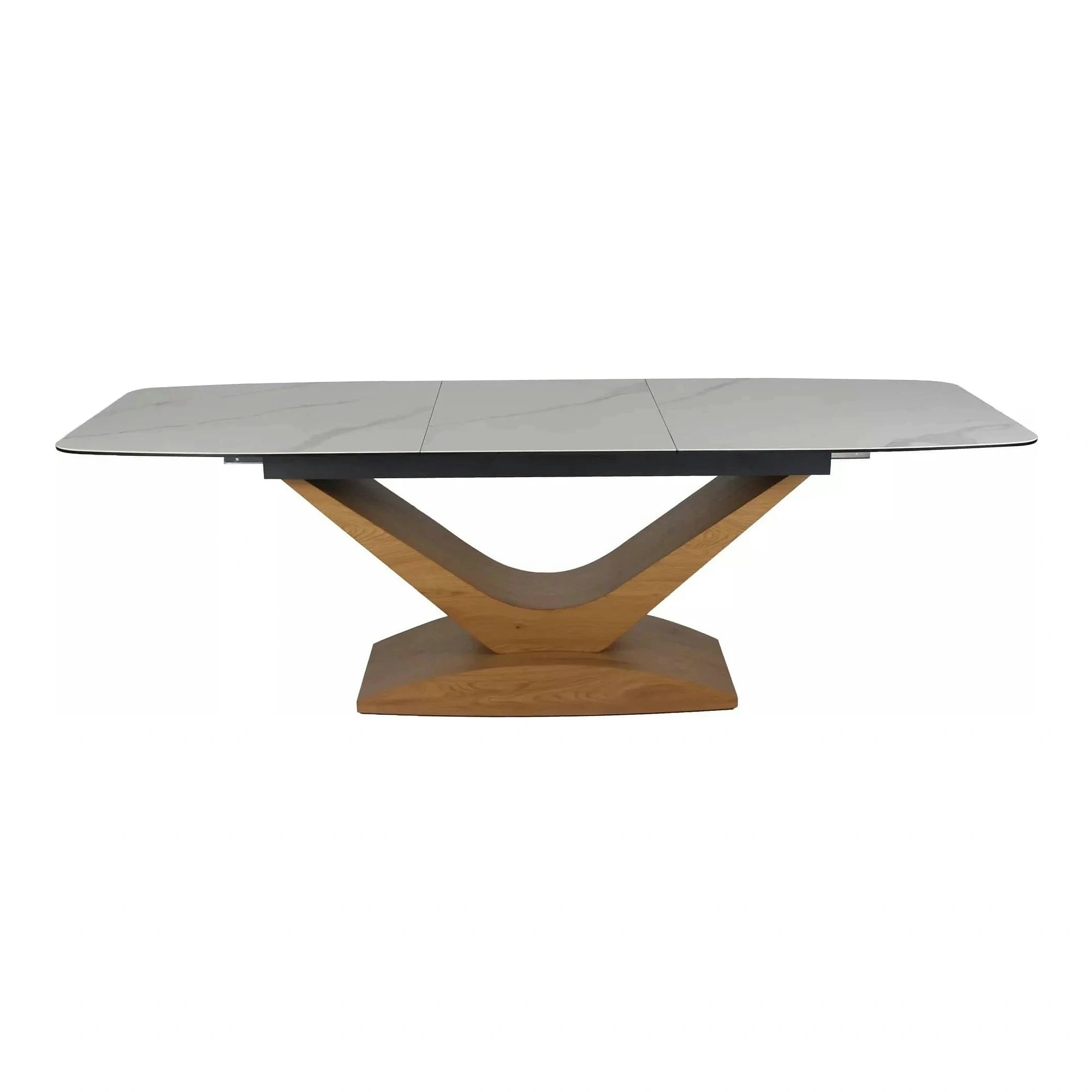 Masa sticla securizata DOLCE, alb cu efect de marmura/stejar, 180/240x95x76 cm