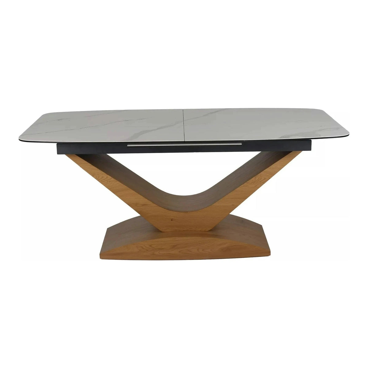 Masa sticla securizata DOLCE, alb cu efect de marmura/stejar, 180/240x95x76 cm