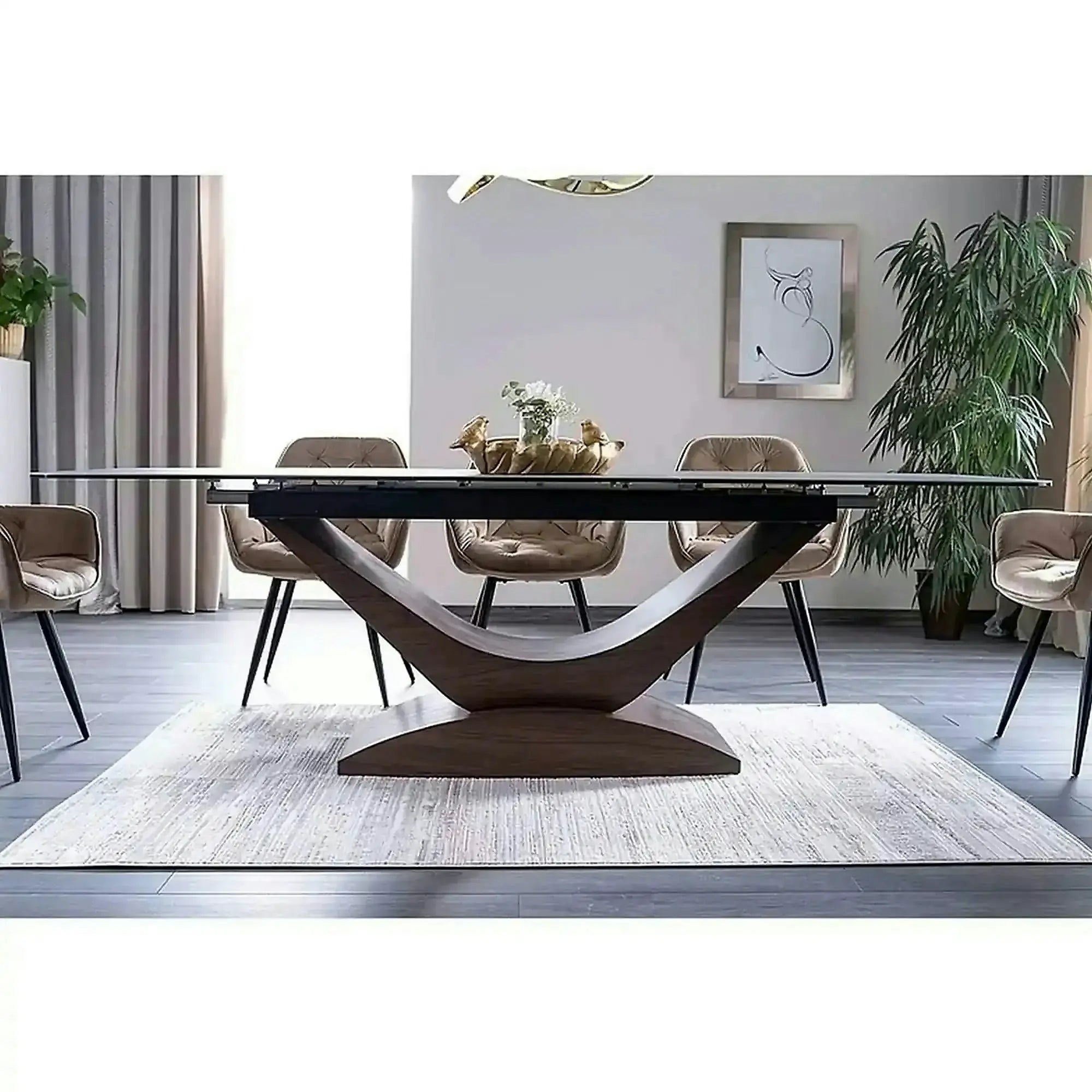 Masa sticla securizata DOLCE, gri mat/nuc, 180-240x95x76 cm