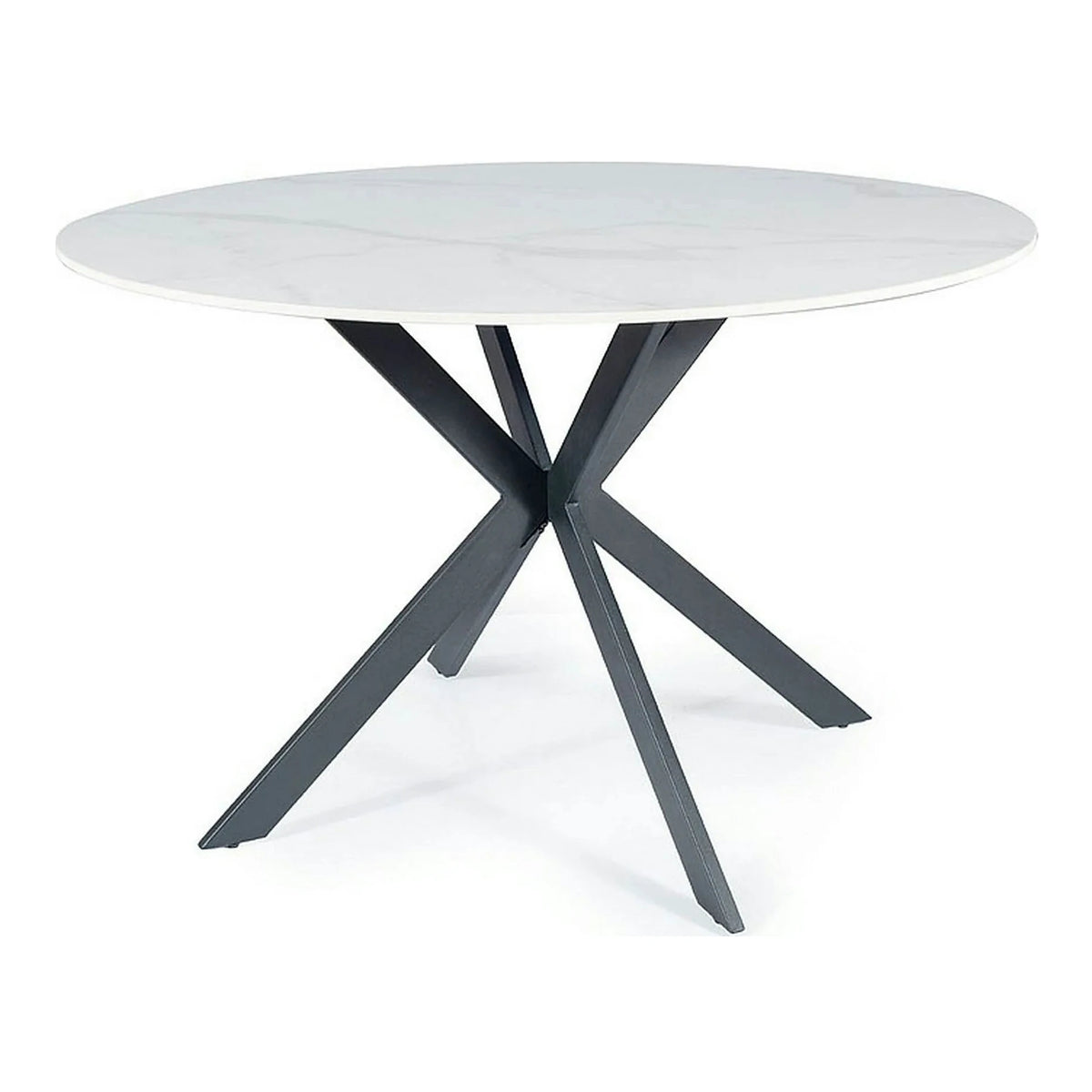 Masa TALIA, alb cu efect de marmura/negru mat, ceramica/metal, 120x120x76 cm