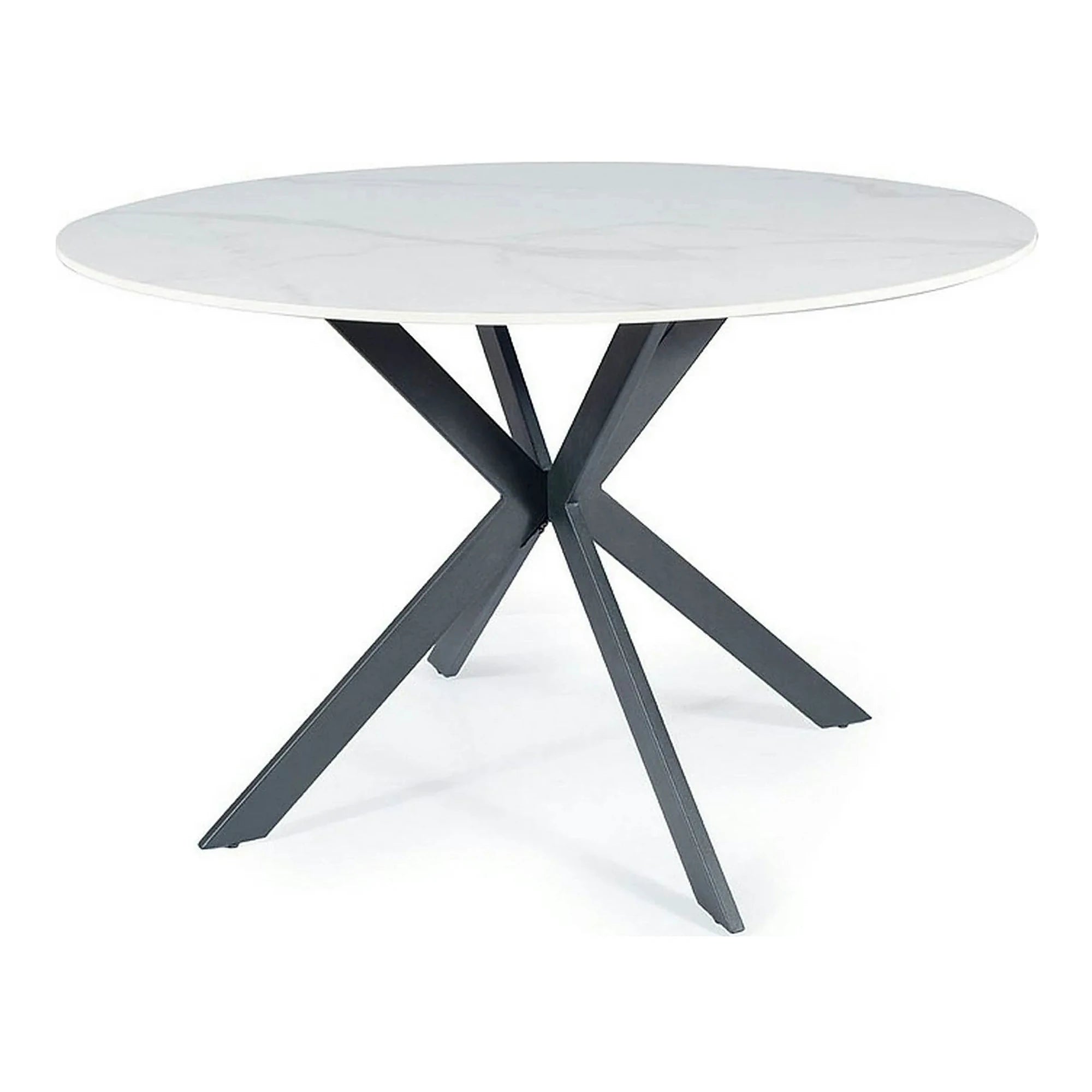 Masa TALIA, alb cu efect de marmura/negru mat, ceramica/metal, 120x120x76 cm
