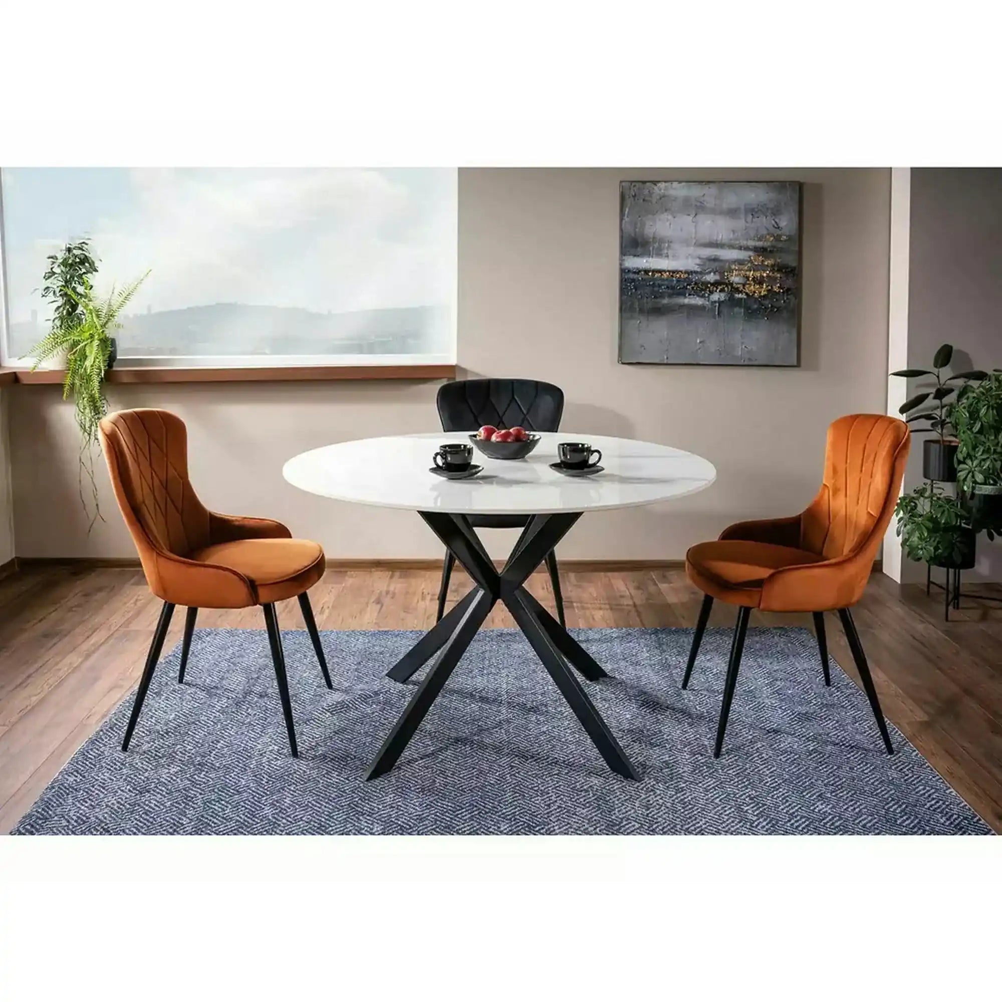 Masa TALIA, alb cu efect de marmura/negru mat, ceramica/metal, 120x120x76 cm