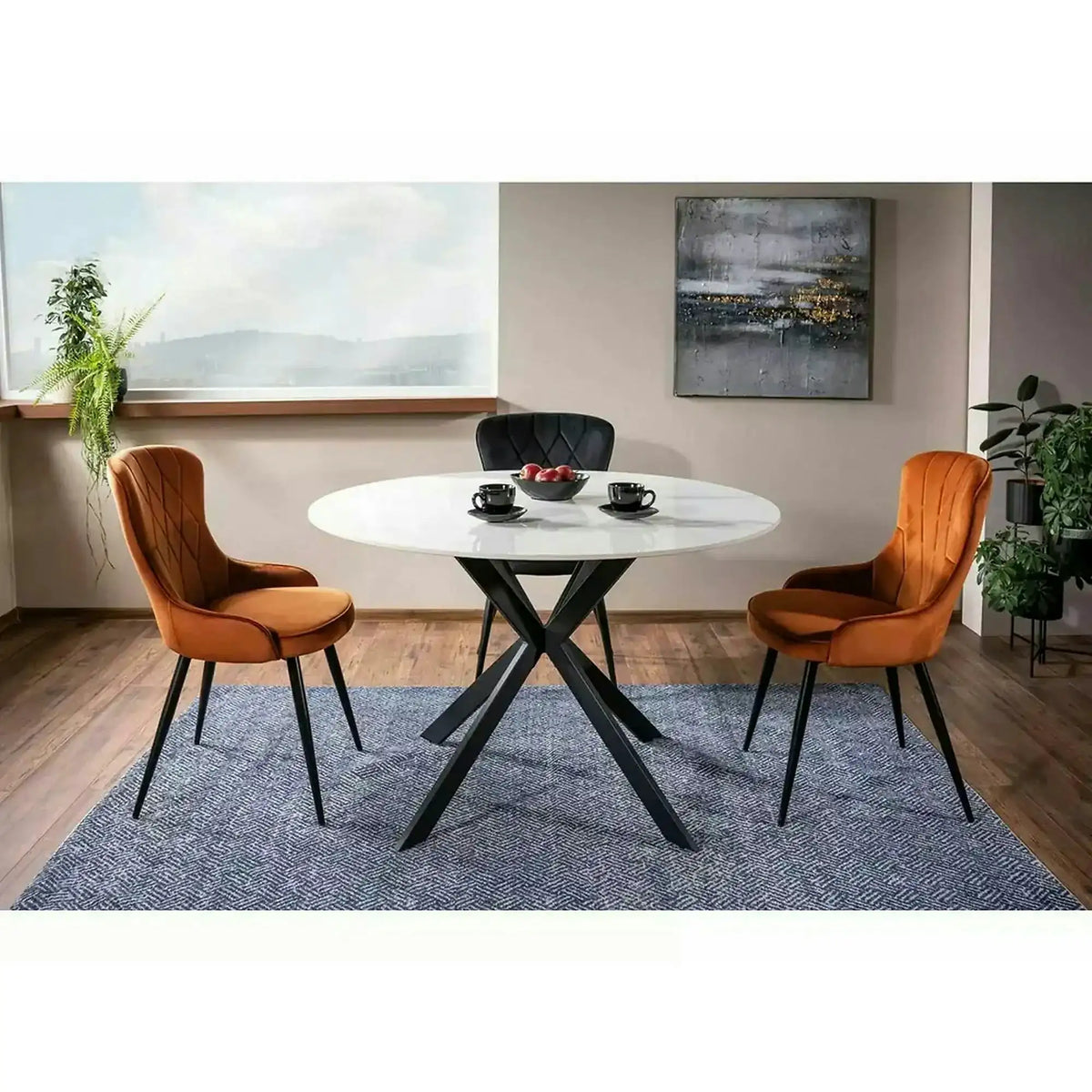 Masa TALIA, alb cu efect de marmura/negru mat, ceramica/metal, 120x120x76 cm