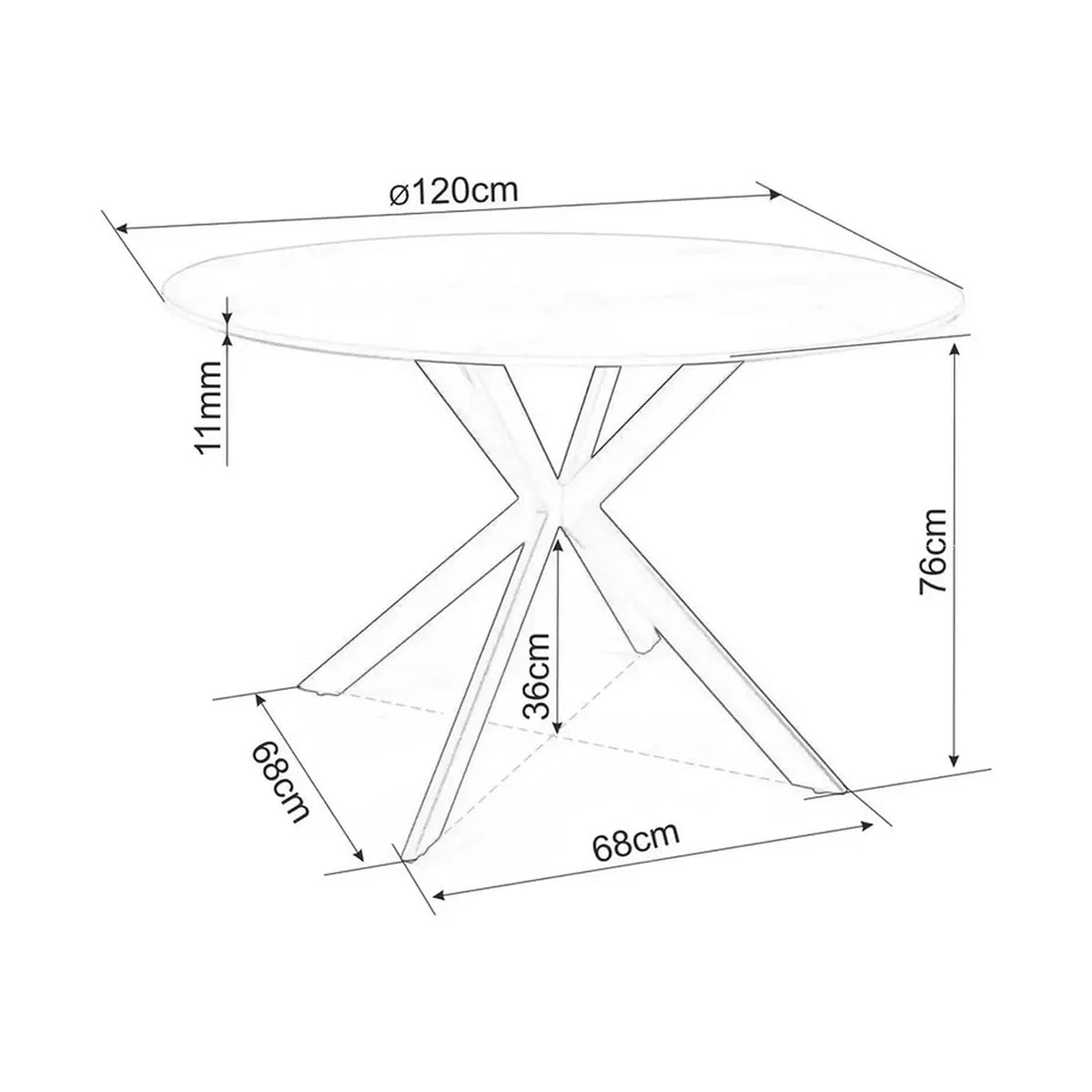 Masa TALIA, alb cu efect de marmura/negru mat, ceramica/metal, 120x120x76 cm