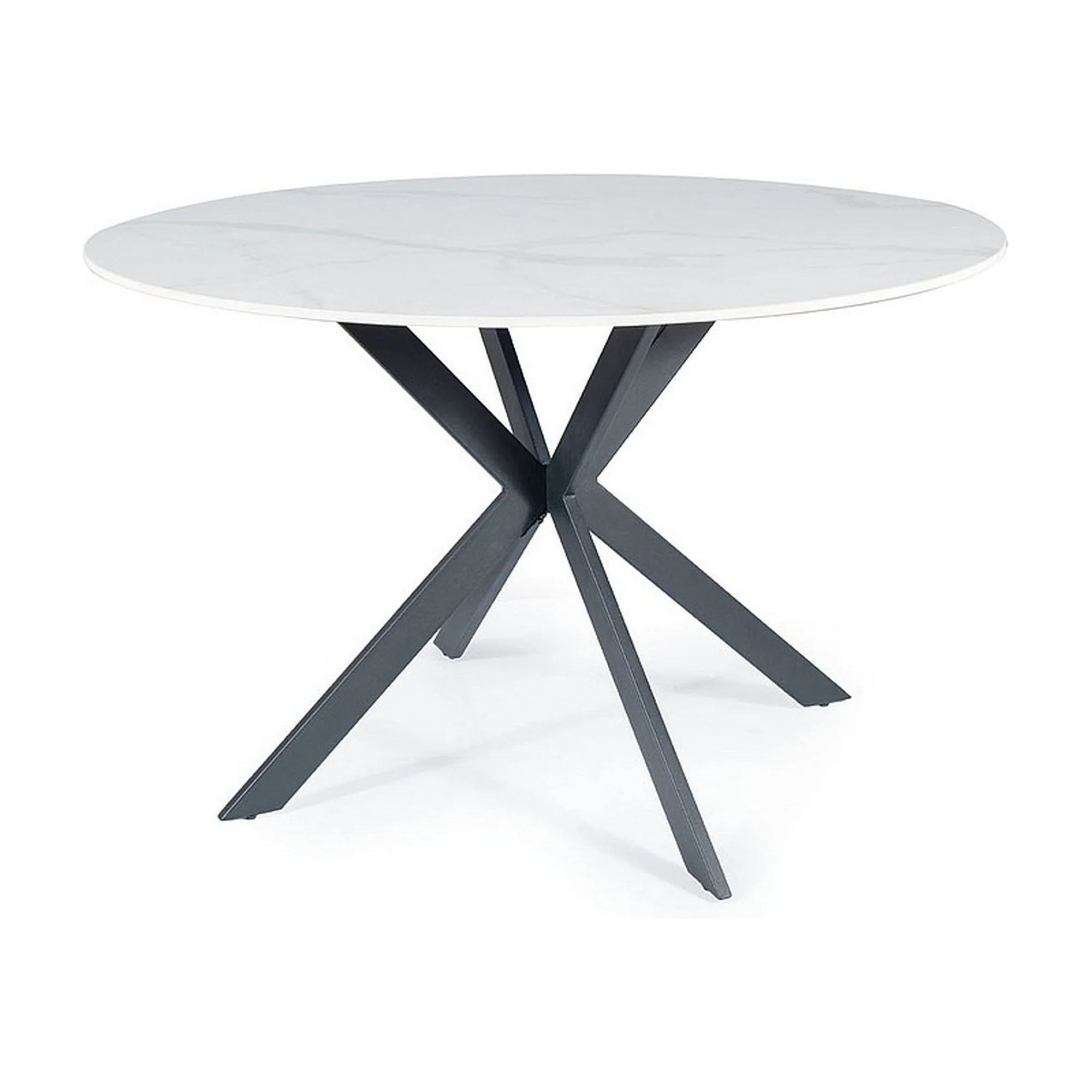 Masa TALIA, alb cu efect de marmura/negru mat, ceramica/metal, 120x120x76 cm