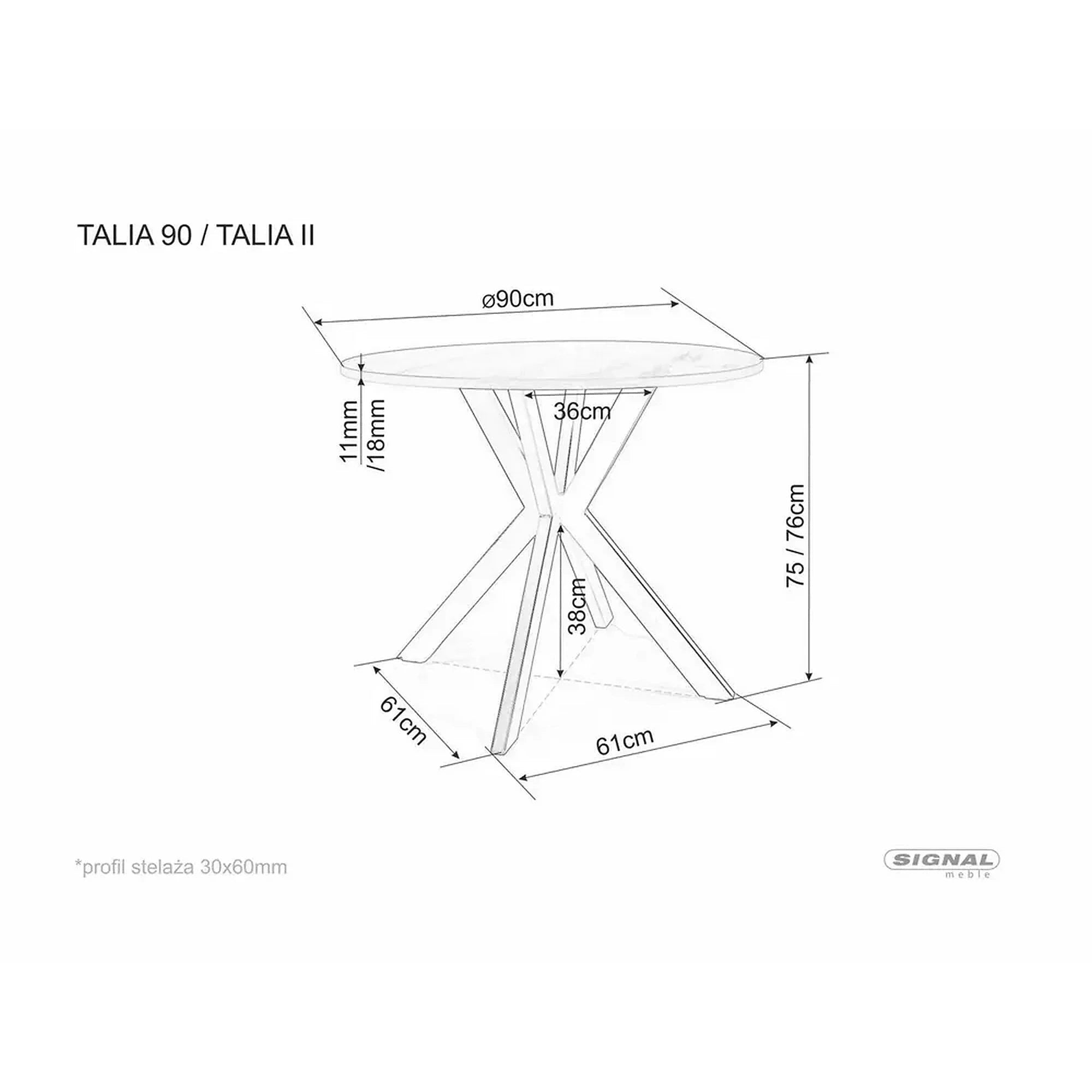 Masa TALIA II, stejar/negru mat, 90x90x76 cm