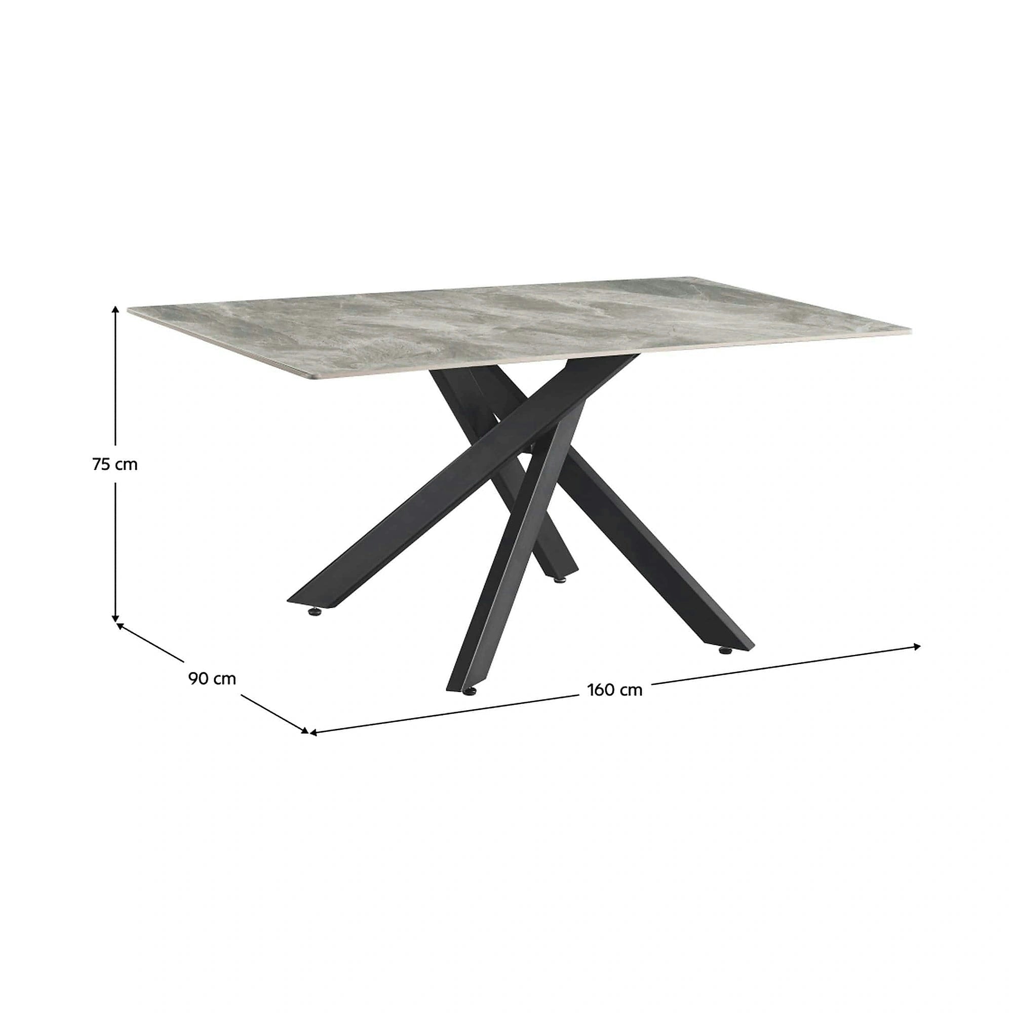 Masa ZENOS, gri cu efect de marmura/negru, ceramica/metal, 160x90x75 cm