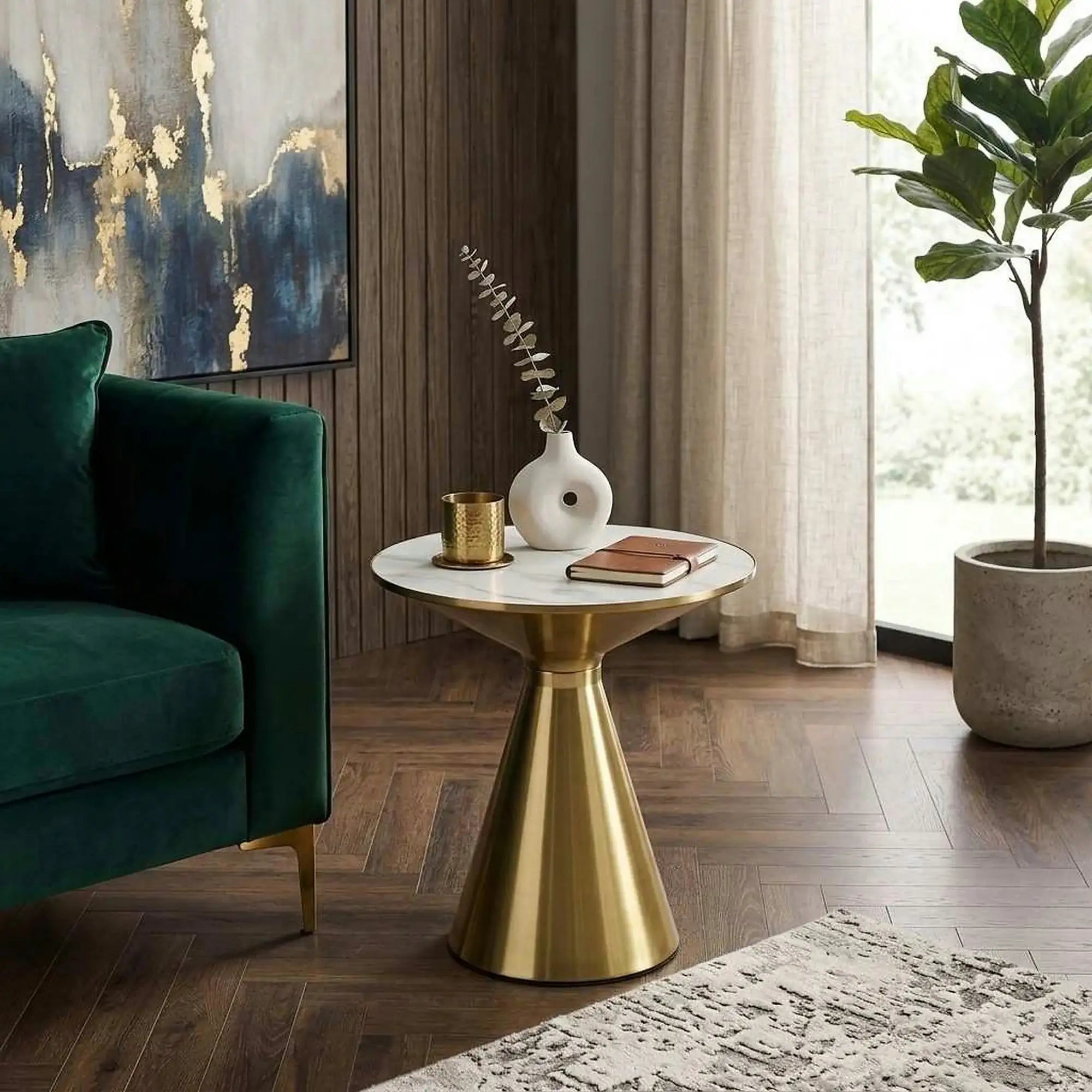 Masuta cafea 50x50 TRIBECA, alb/auriu, ceramica/otel