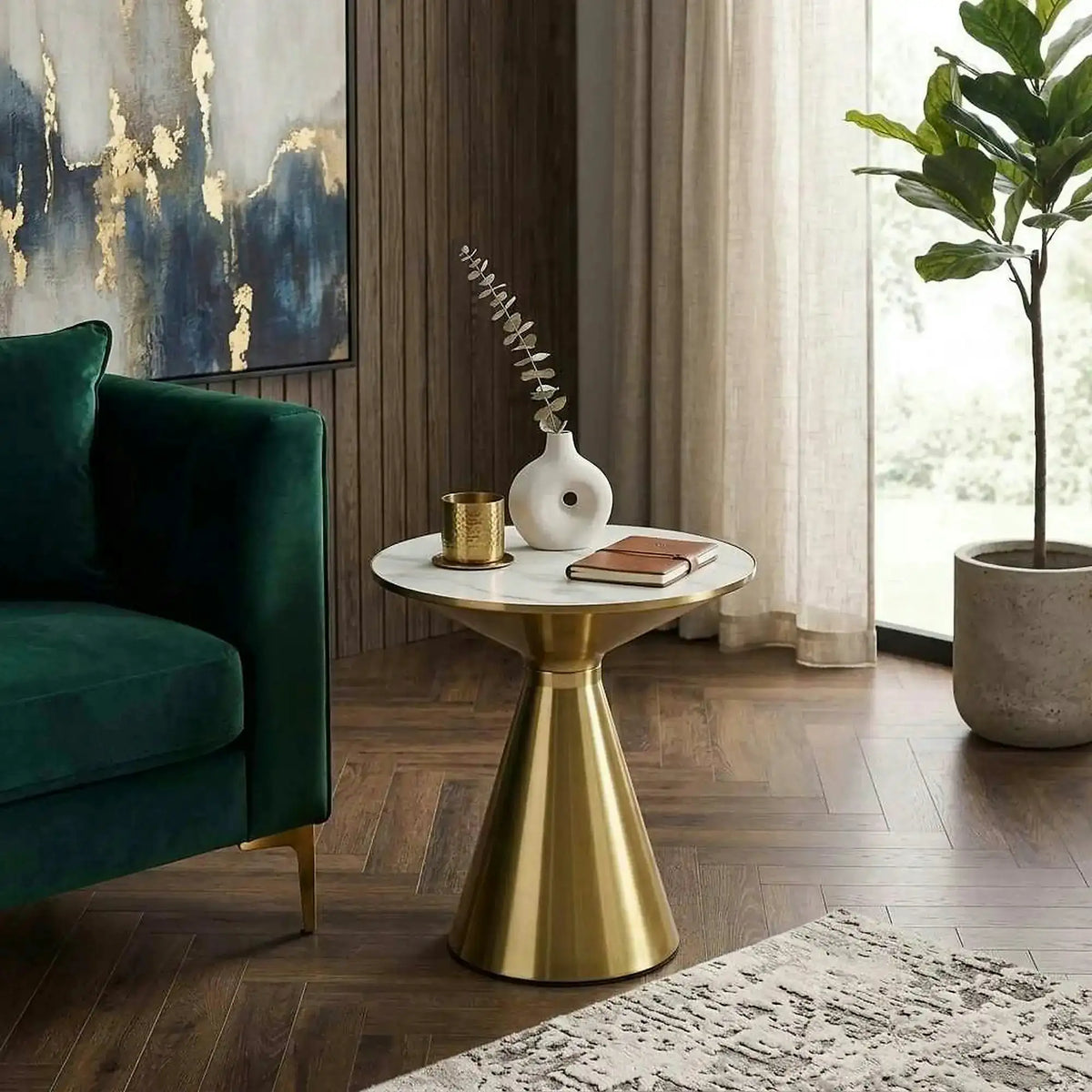 Masuta cafea 50x50 TRIBECA, alb/auriu, ceramica/otel