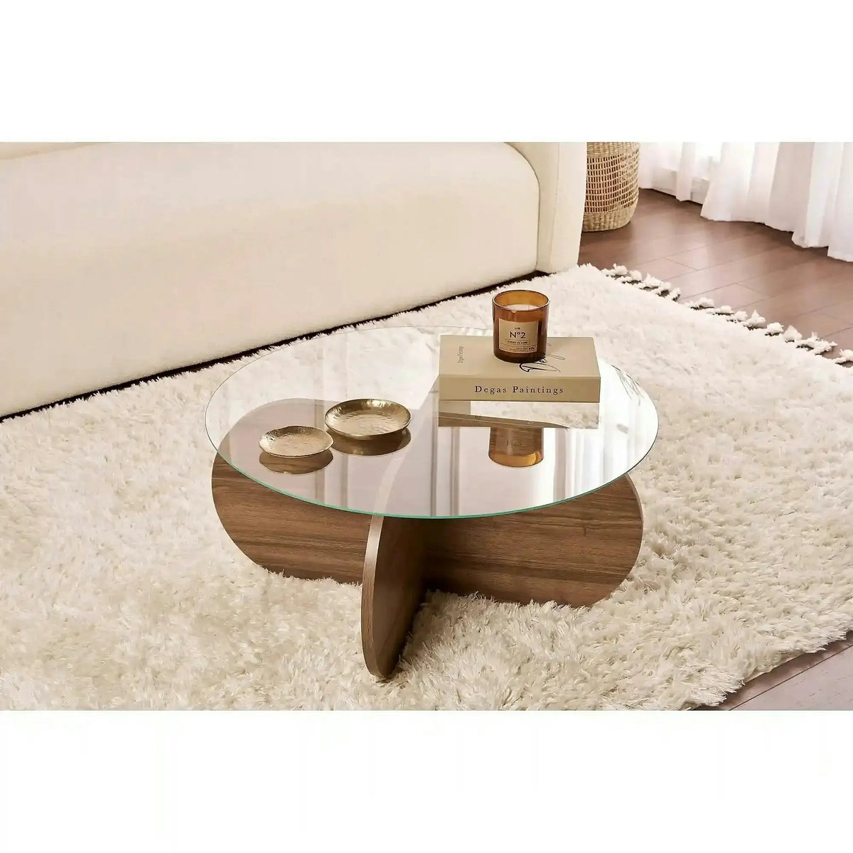 Masuta cafea AERIS, nuc, PAL/sticla, 75x75x35 cm