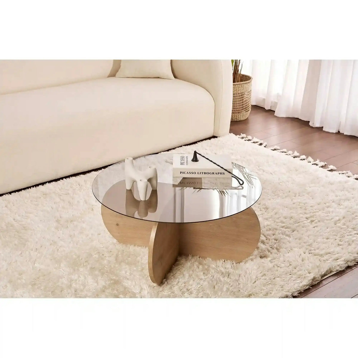 Masuta cafea AERIS, stejar/fumuriu, PAL/sticla, 75x75x35 cm