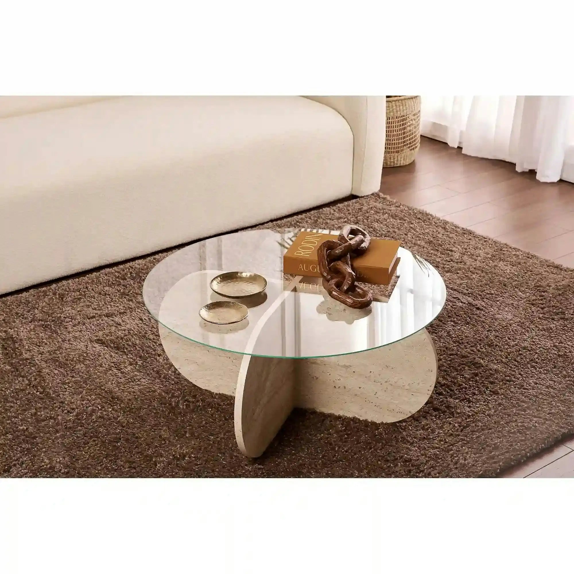 Masuta cafea AERIS, travertin, PAL/sticla, 75x75x35 cm