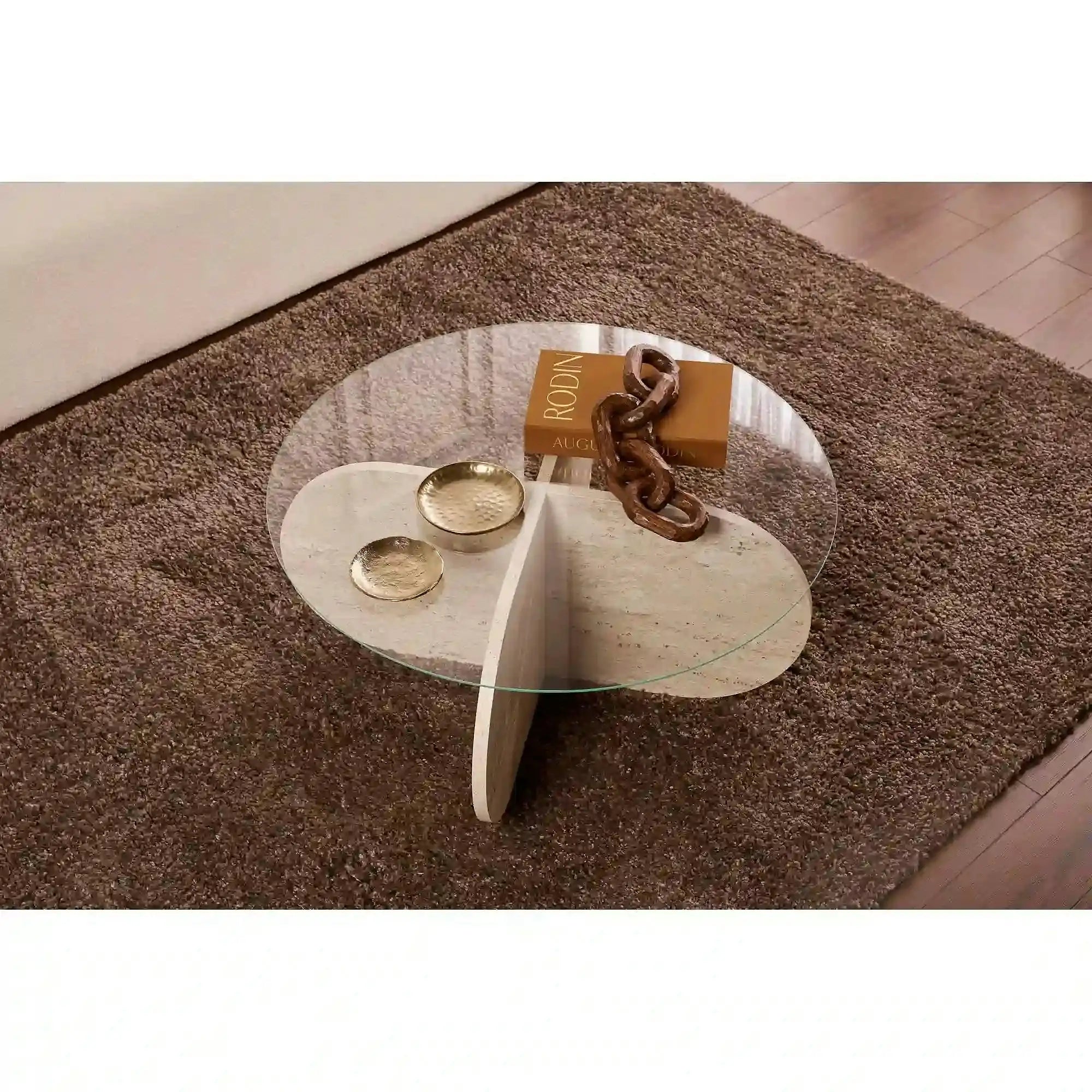 Masuta cafea AERIS, travertin, PAL/sticla, 75x75x35 cm