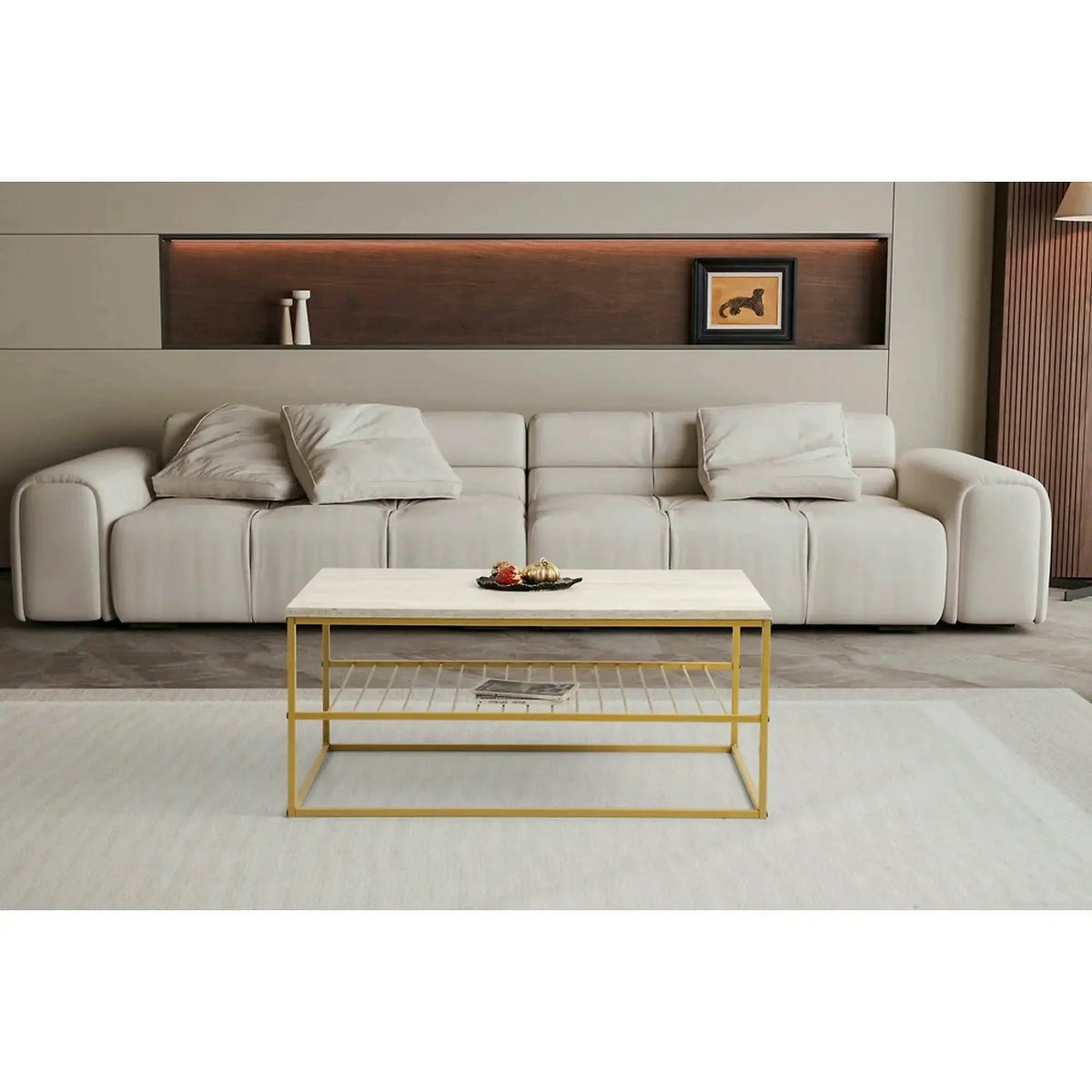 Masuta cafea ASUDE, alb cu efect de marmura/auriu, PAL melaminat/metal, 95x55x42 cm