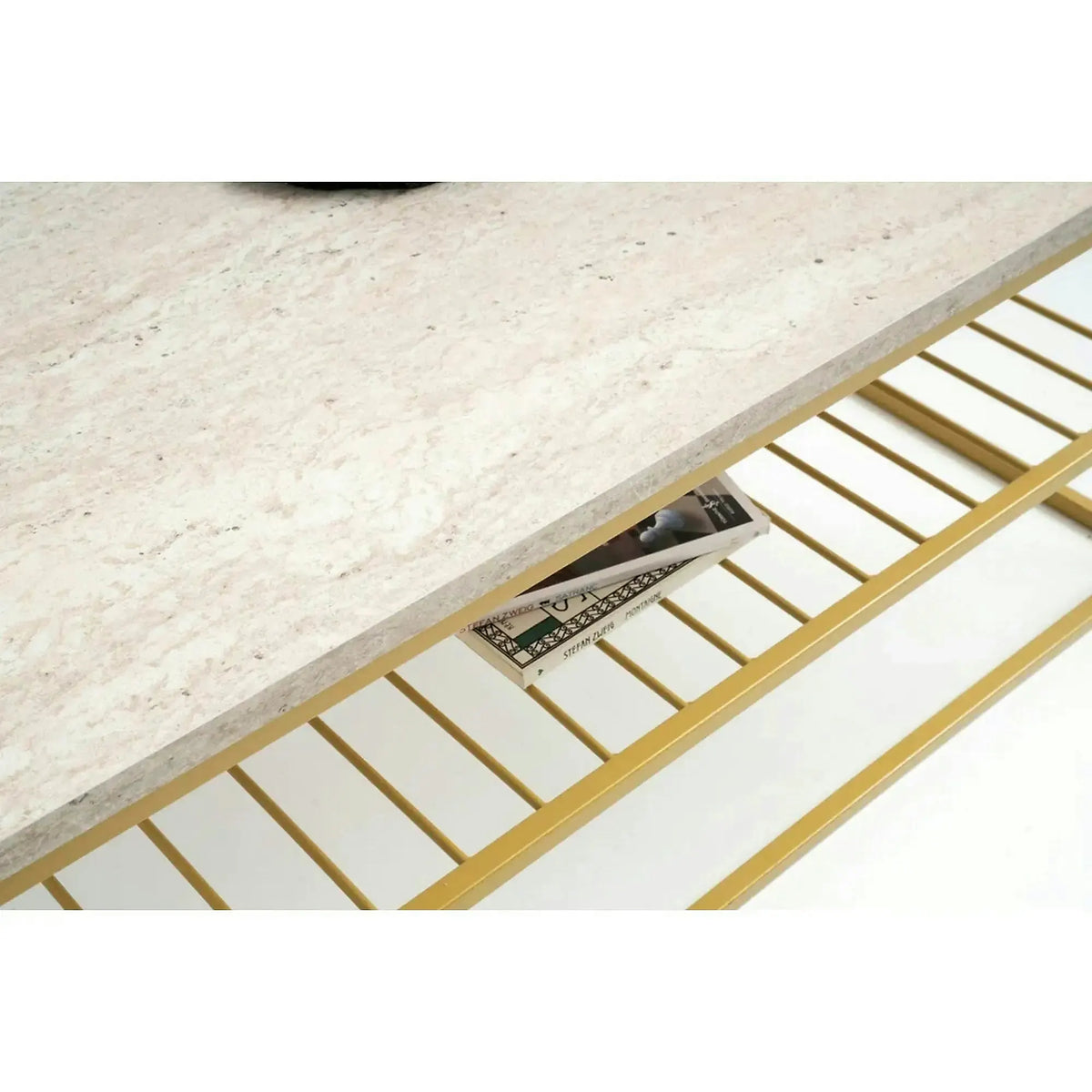 Masuta cafea ASUDE, alb cu efect de marmura/auriu, PAL melaminat/metal, 95x55x42 cm
