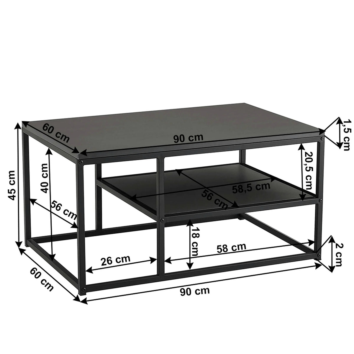 Masuta cafea BARMIO, gri grafit/negru, 90x60x45 cm