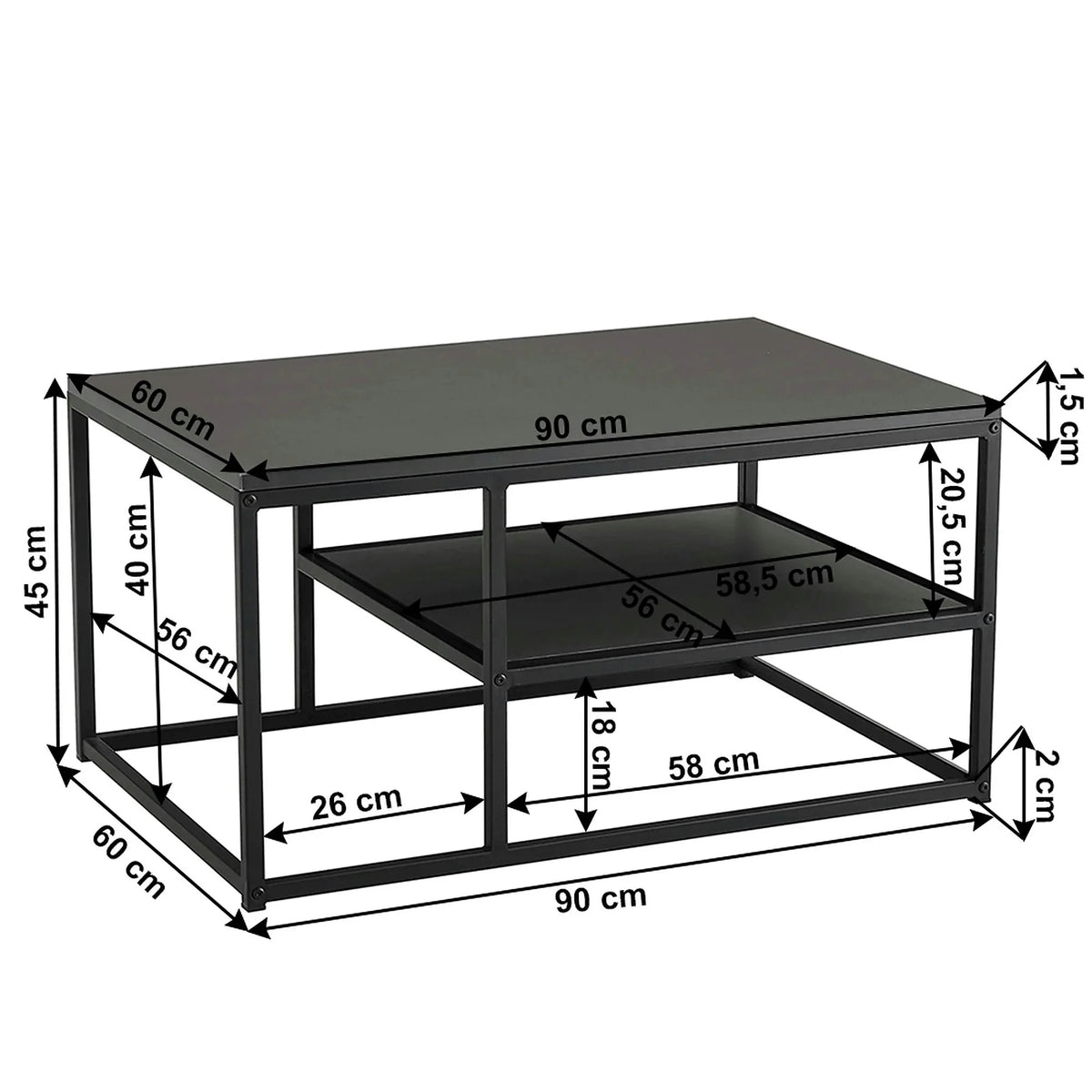 Masuta cafea BARMIO, gri grafit/negru, 90x60x45 cm