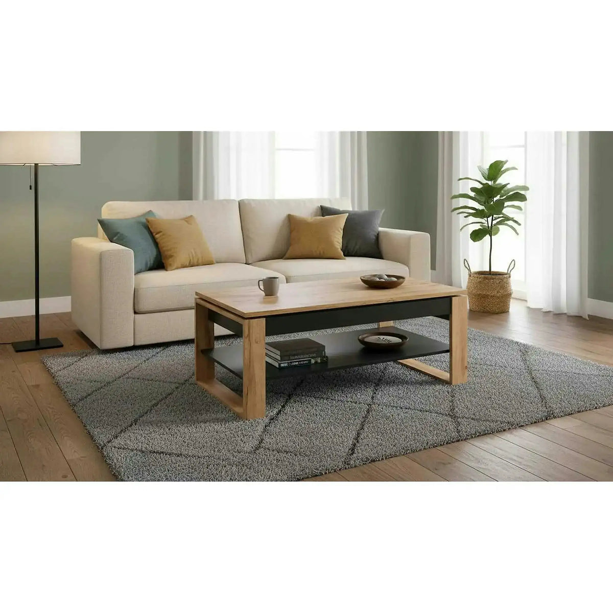 Masuta cafea BETTY, stejar artisan/negru, PAL laminat, 120x65/92x50/72 cm