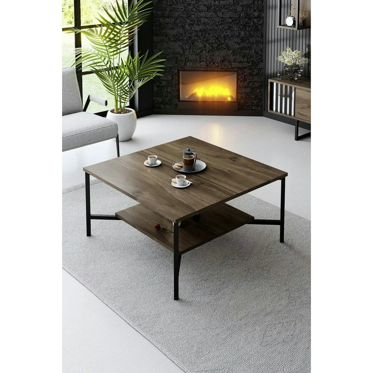 Masuta cafea Black Line, nuc/negru, PAL, 80x80x40 cm