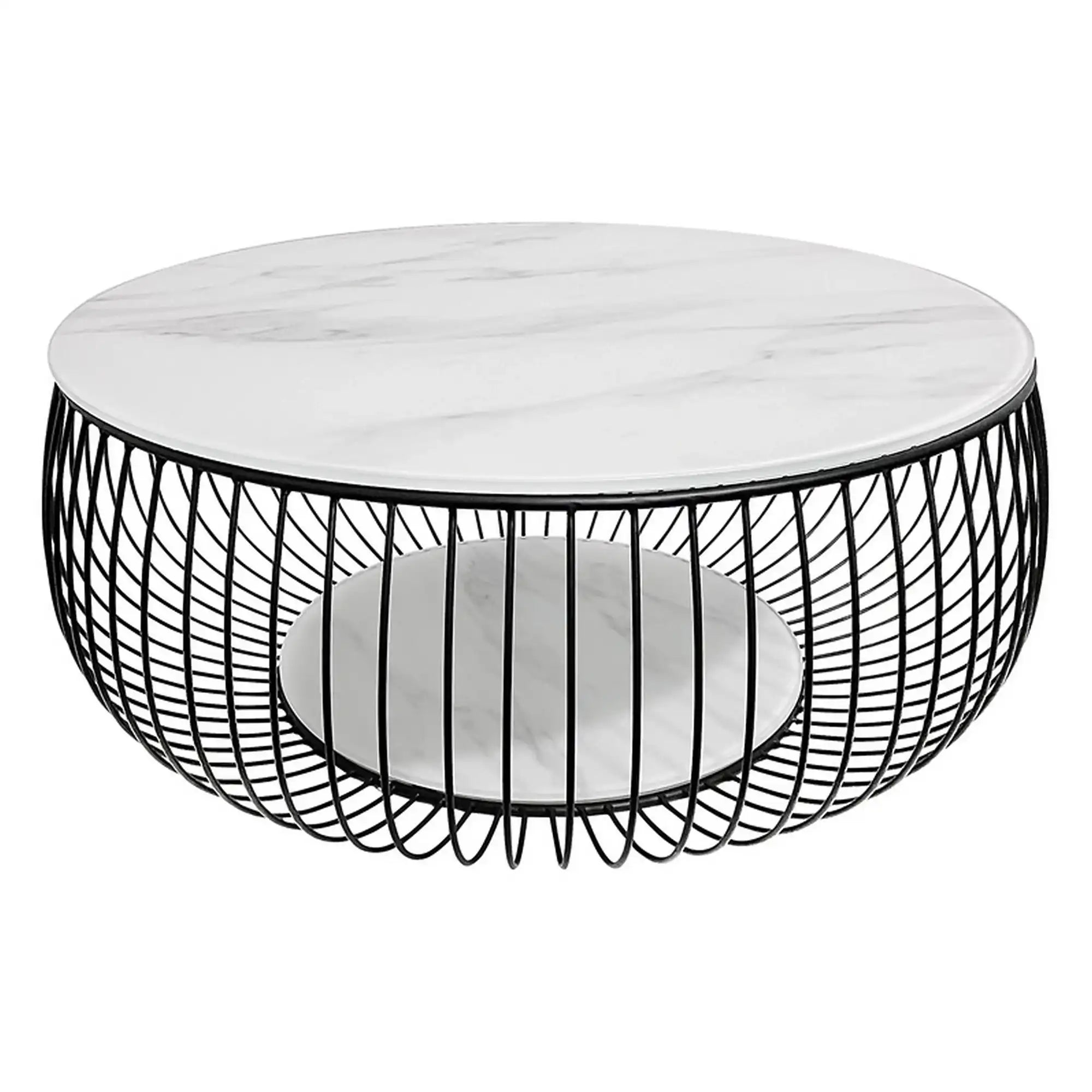 Masuta cafea BOWL, alb cu efect de marmura/negru, sticla securizata/metal, 86x86x35 cm