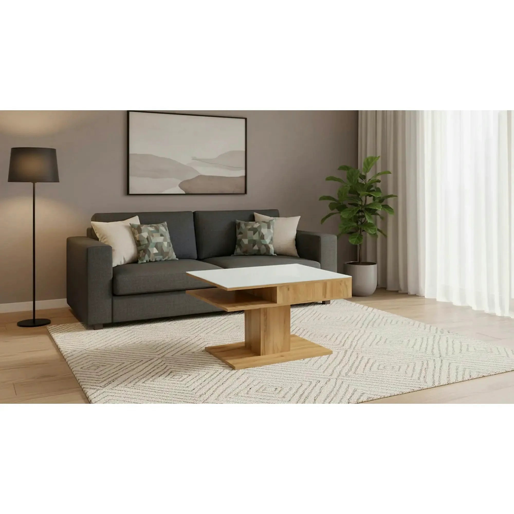 Masuta cafea CAMPO, stejar/alb, PAL/sticla, 80x60x50 cm