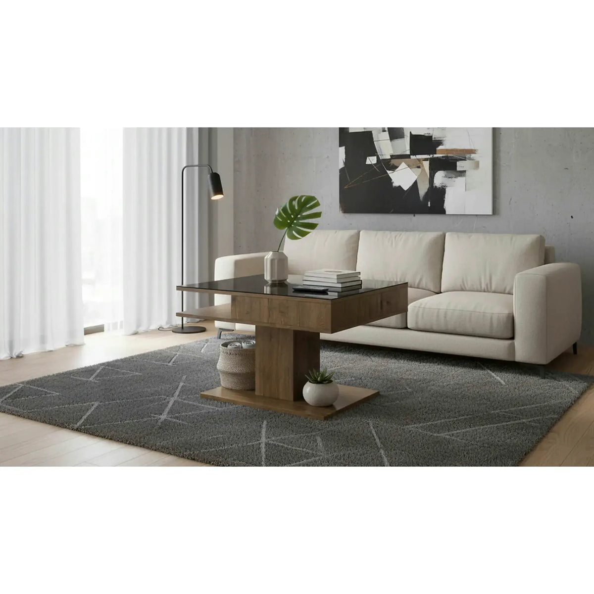 Masuta cafea CAMPO, stejar/negru, PAL/sticla, 80x60x50 cm