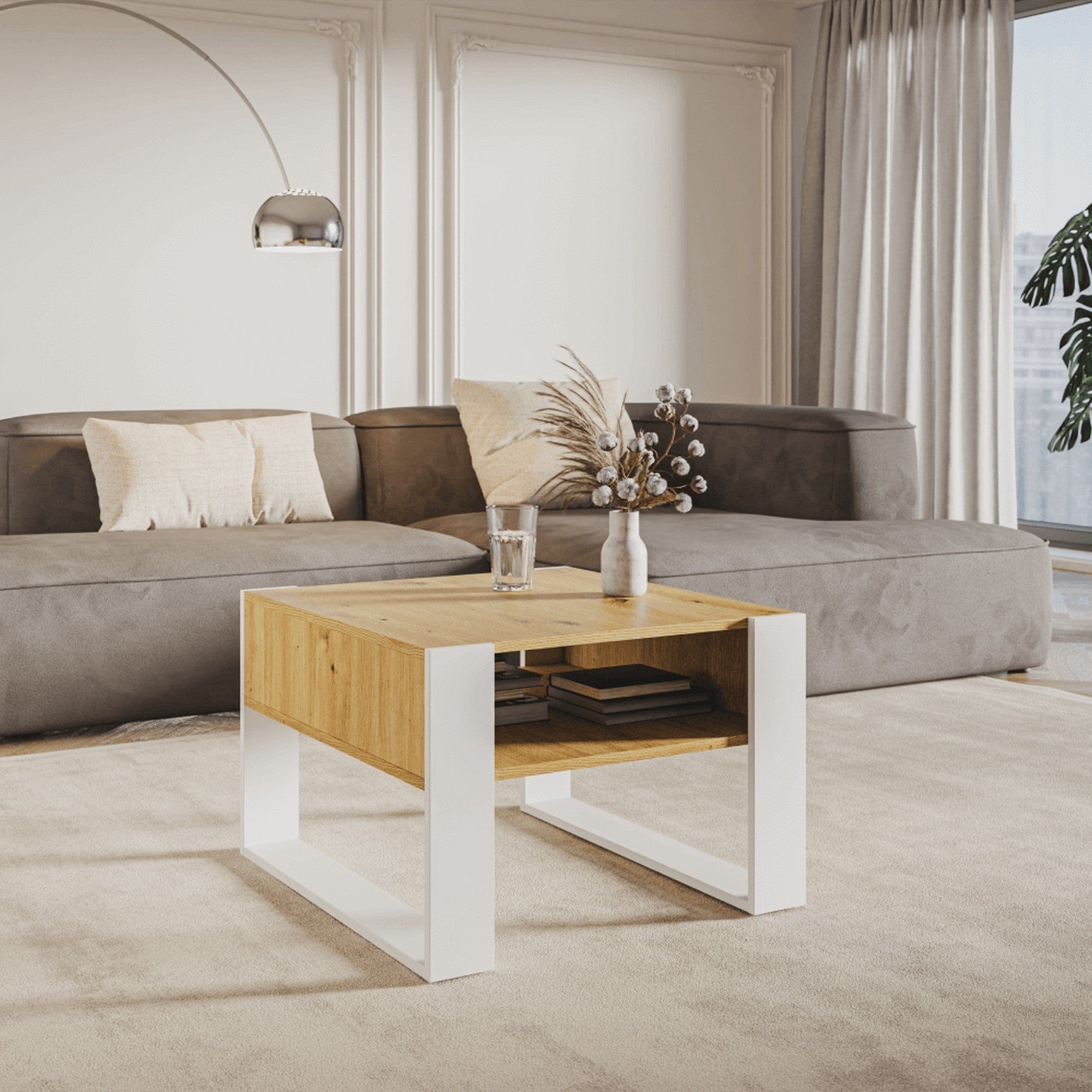 Masuta cafea CARA 2, stejar artisan/alb, DTD laminat, 67x68x45 cm