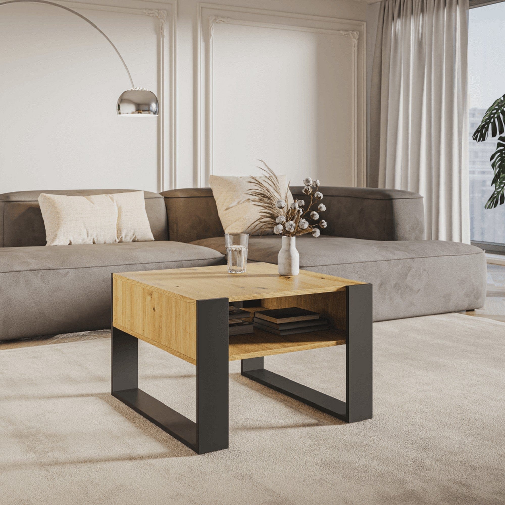 Masuta cafea CARA 2, stejar artisan/negru, DTD laminat, 67x68x45 cm