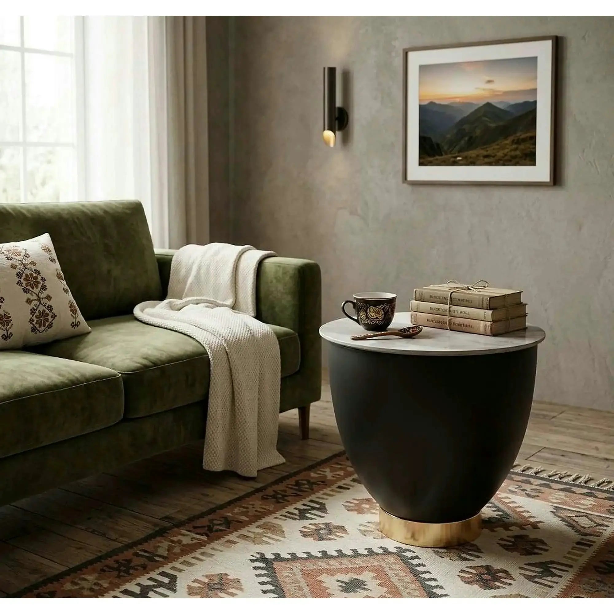 Masuta cafea CECILIA S, alb cu efect de marmura/negru/auriu, ceramica/otel, 48x48x45 cm