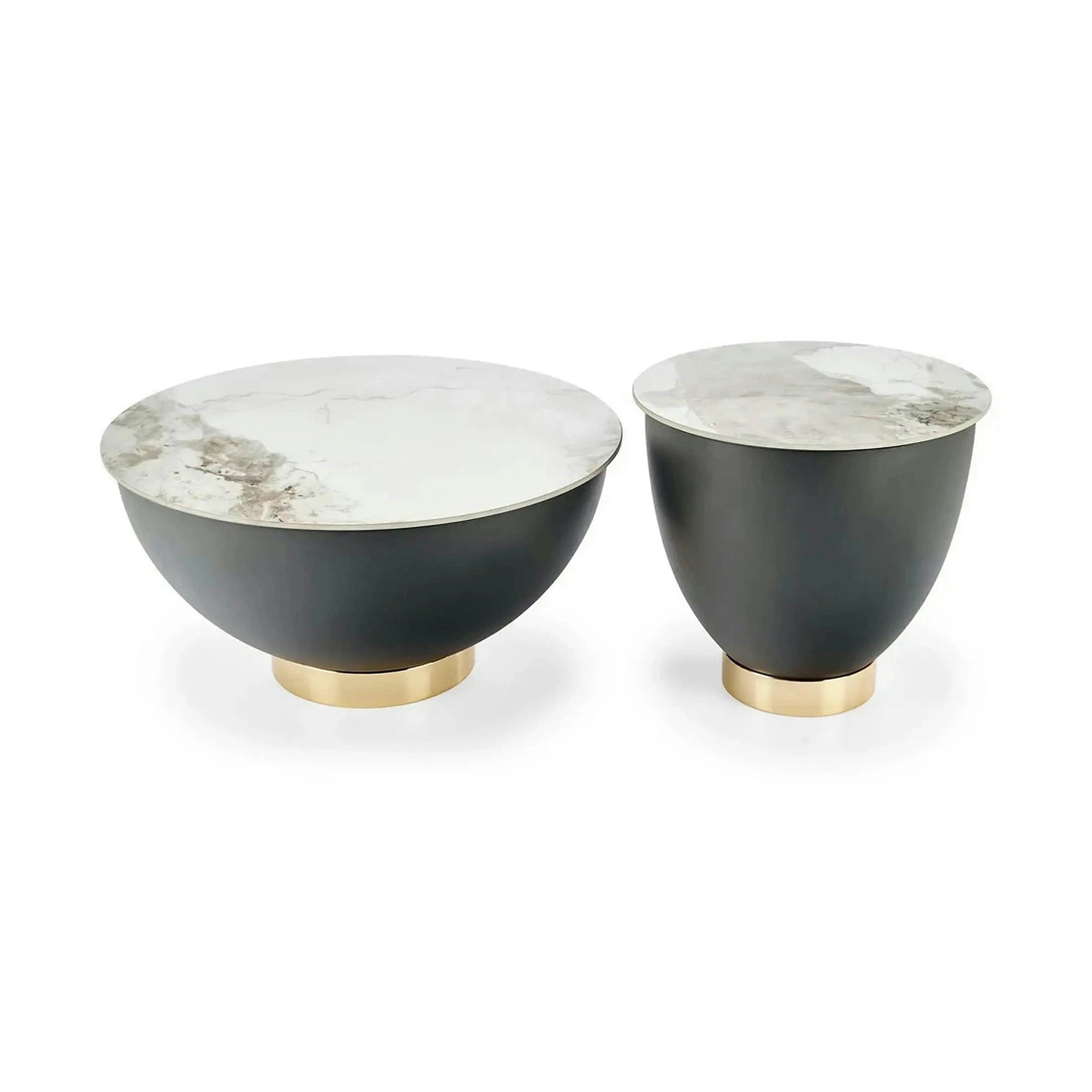 Masuta cafea CECILIA S, alb cu efect de marmura/negru/auriu, ceramica/otel, 48x48x45 cm