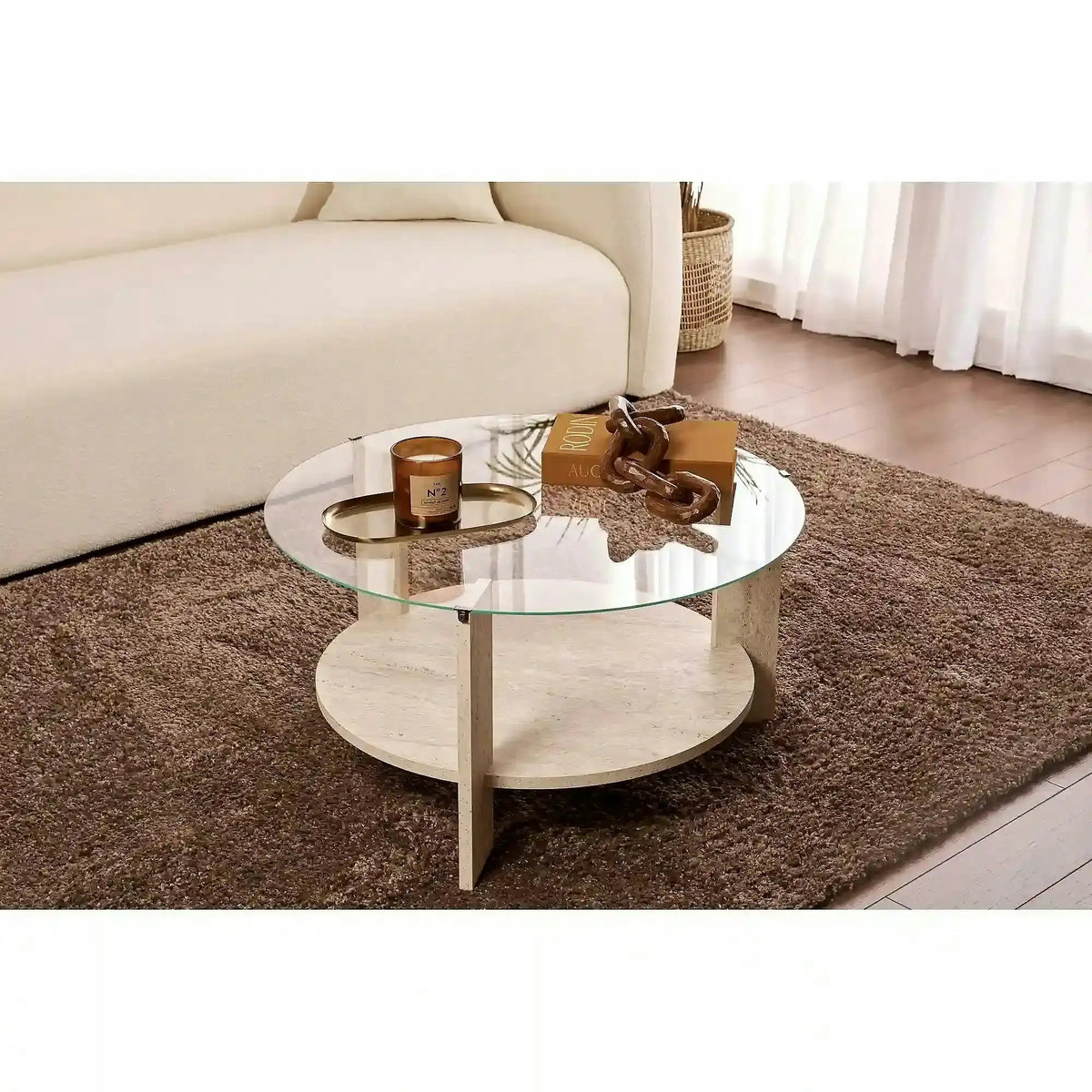 Masuta cafea CLARA, travertin, PAL/sticla, 75x75x40 cm