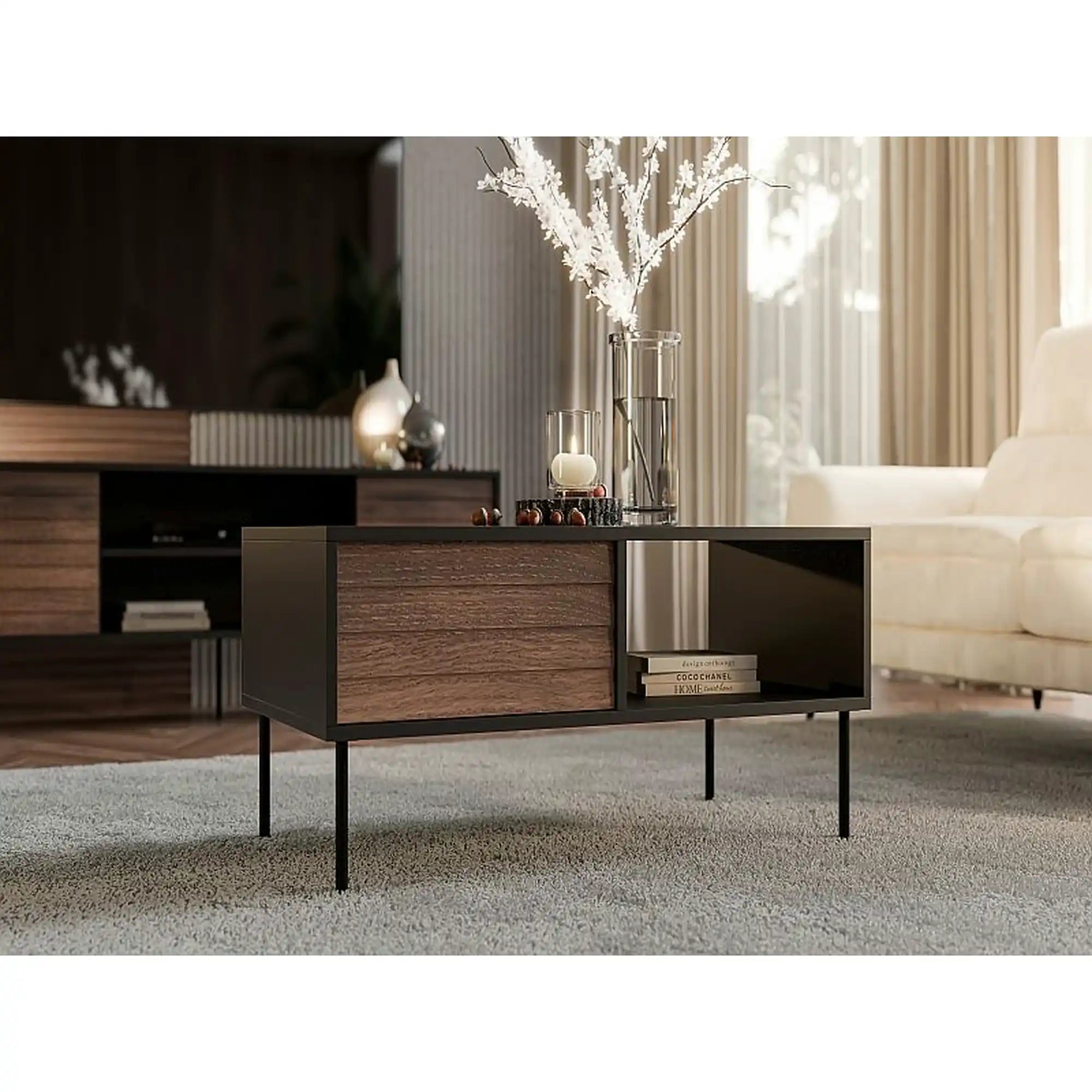 Masuta cafea CORTINA, negru/nuc, PAL/metal, 100x55x45 cm