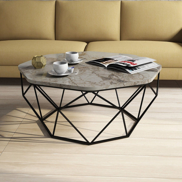 Masuta cafea DIAMOND, alb cu efect de marmura/negru, PAL melaminat/metal, 90x90x38 cm