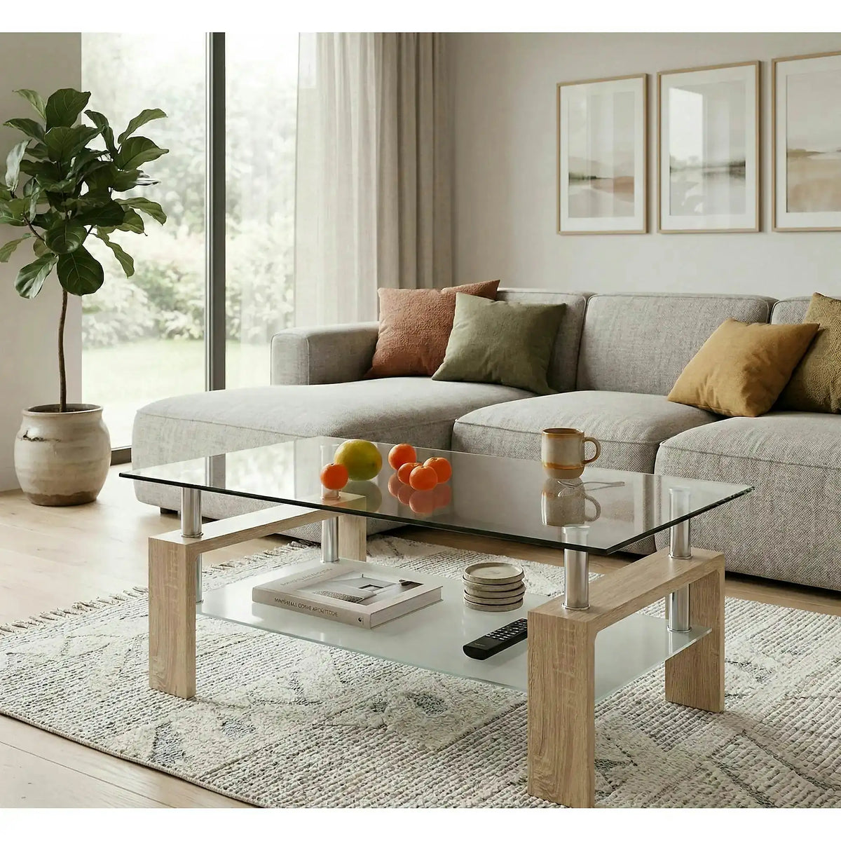 Masuta cafea DIANA H, transparent/stejar sonoma, 110x60x55 cm