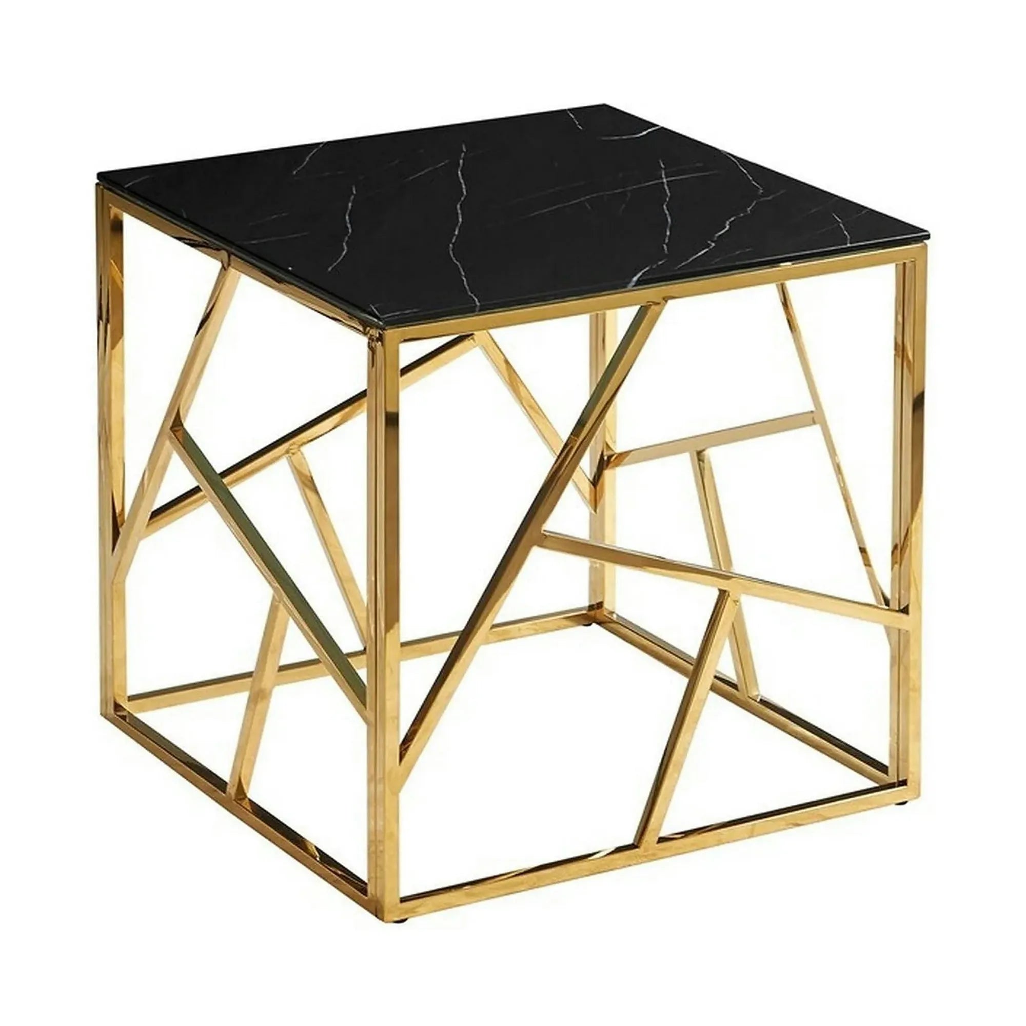 Masuta cafea ESCADA B II, negru cu efect de marmura/auriu, sticla securizata/otel, 55x55x55 cm