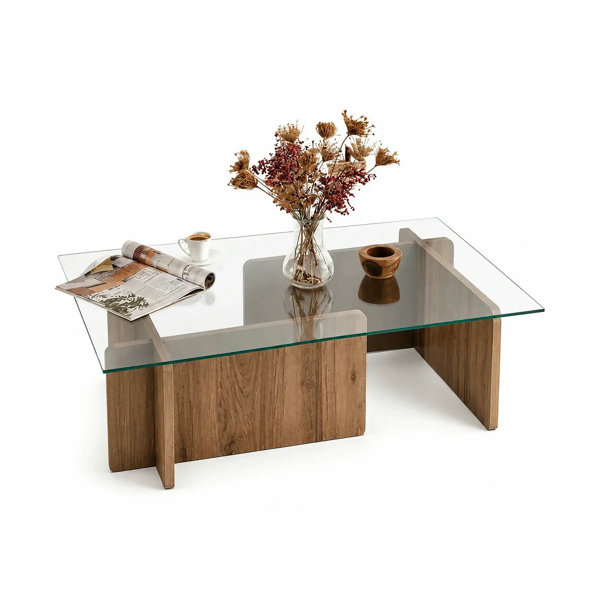 Masuta cafea Escape, transparent/nuc, sticla securizata/PAL melaminat, 105x65x30 cm