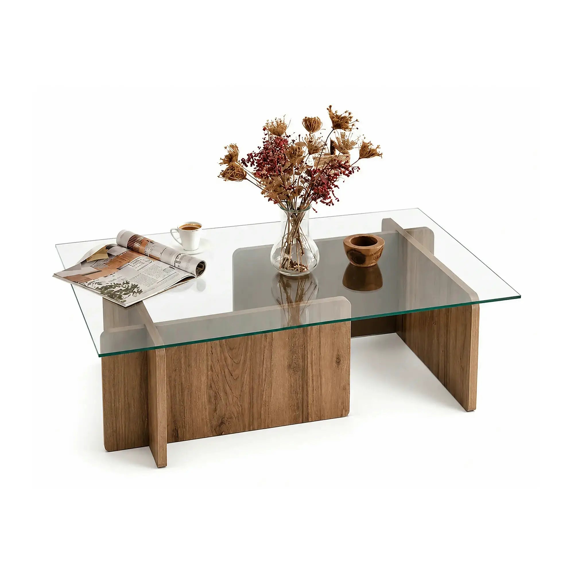 Masuta cafea Escape, transparent/nuc, sticla securizata/PAL melaminat, 105x65x30 cm