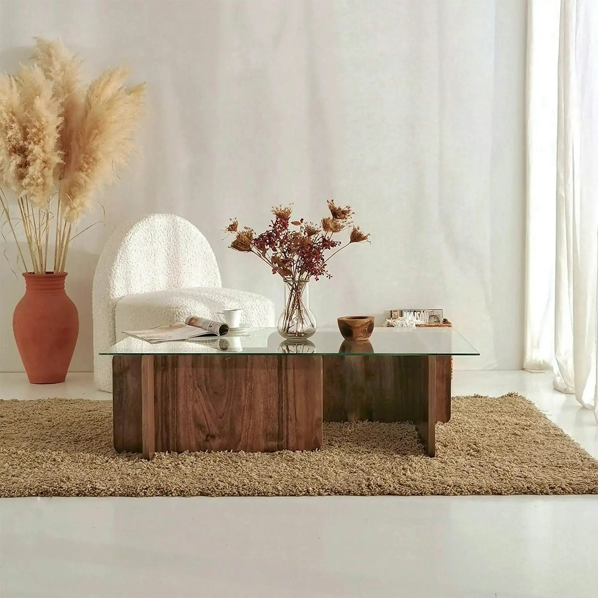 Masuta cafea Escape, transparent/nuc, sticla securizata/PAL melaminat, 105x65x30 cm