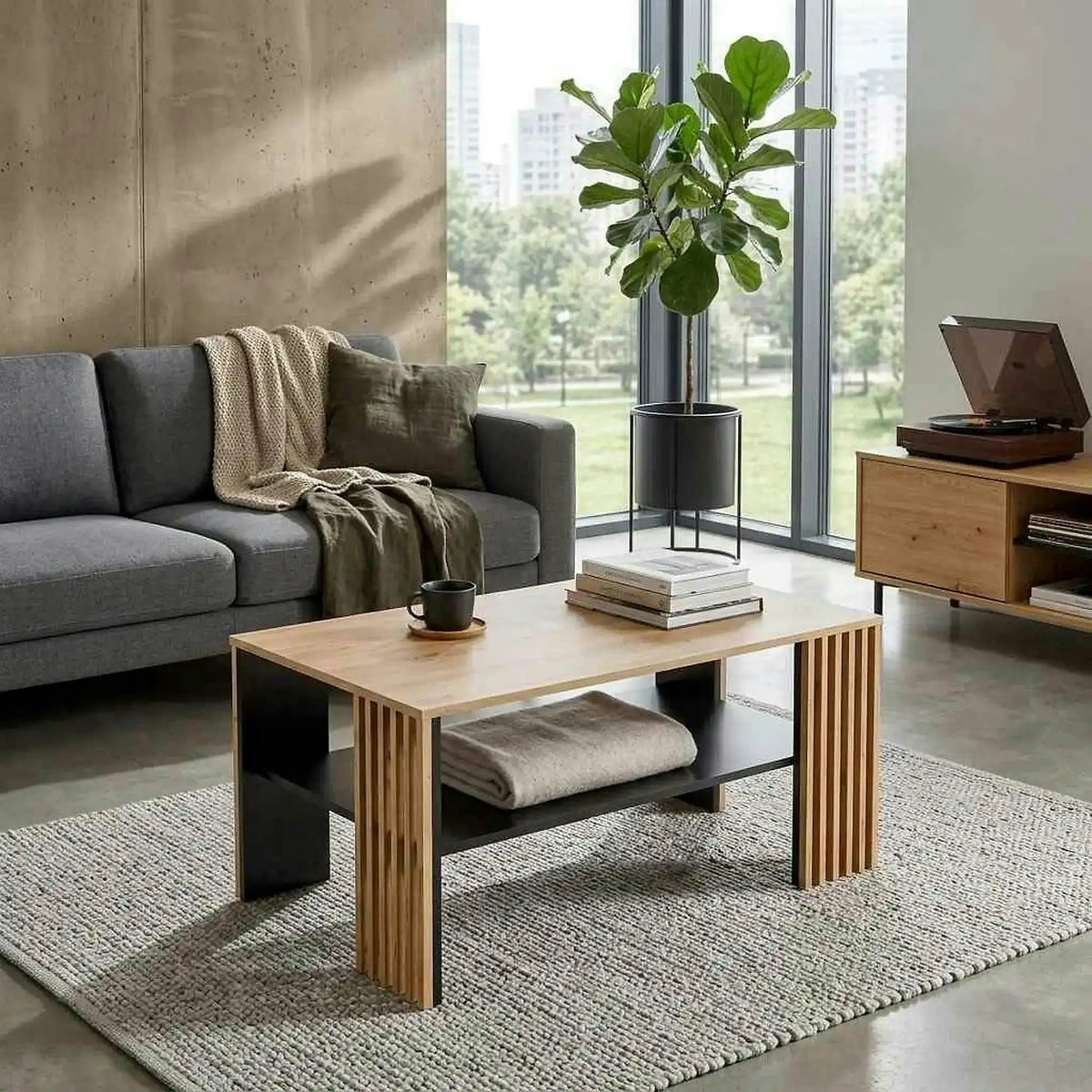 Masuta cafea FEMINA, stejar/negru, PAL laminat, 110x65x52 cm