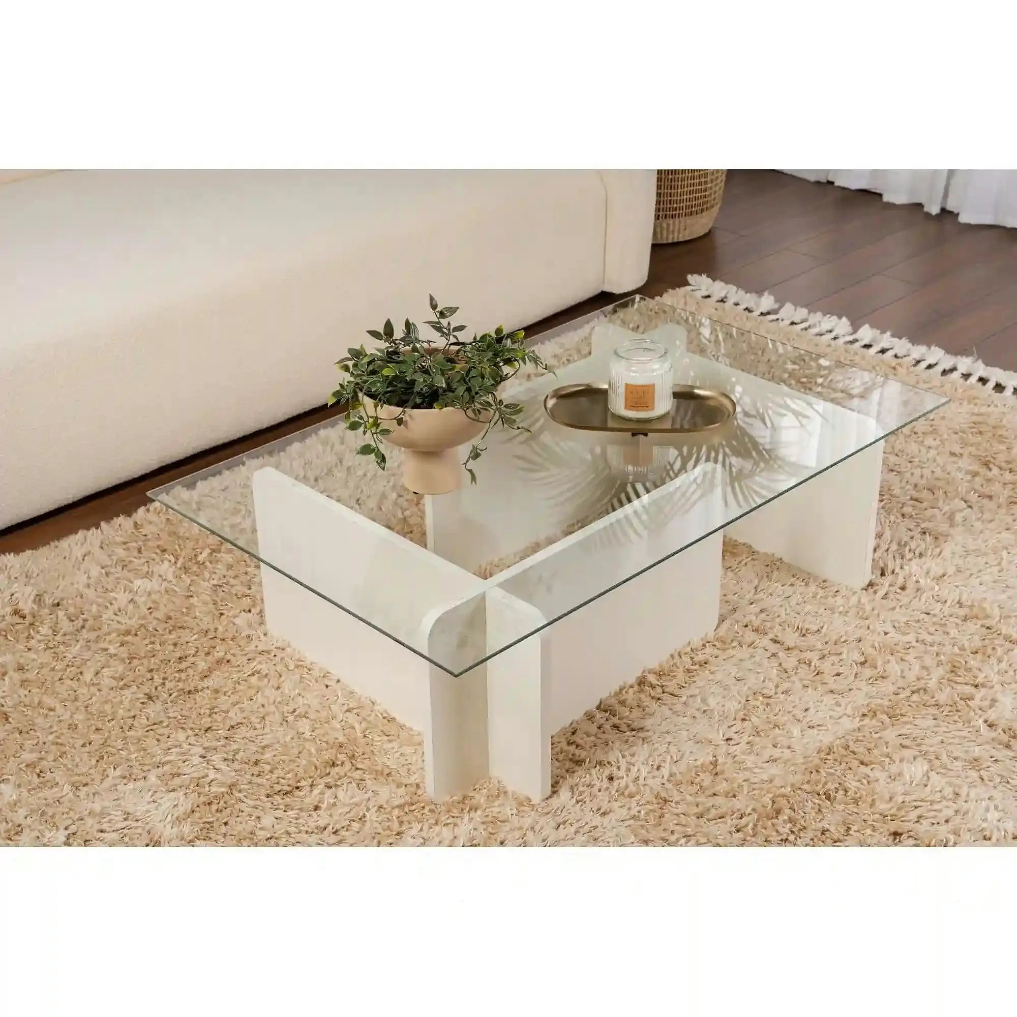 Masuta cafea FLAVIO, alb/transparent, PAL/sticla, 105x65x30 cm