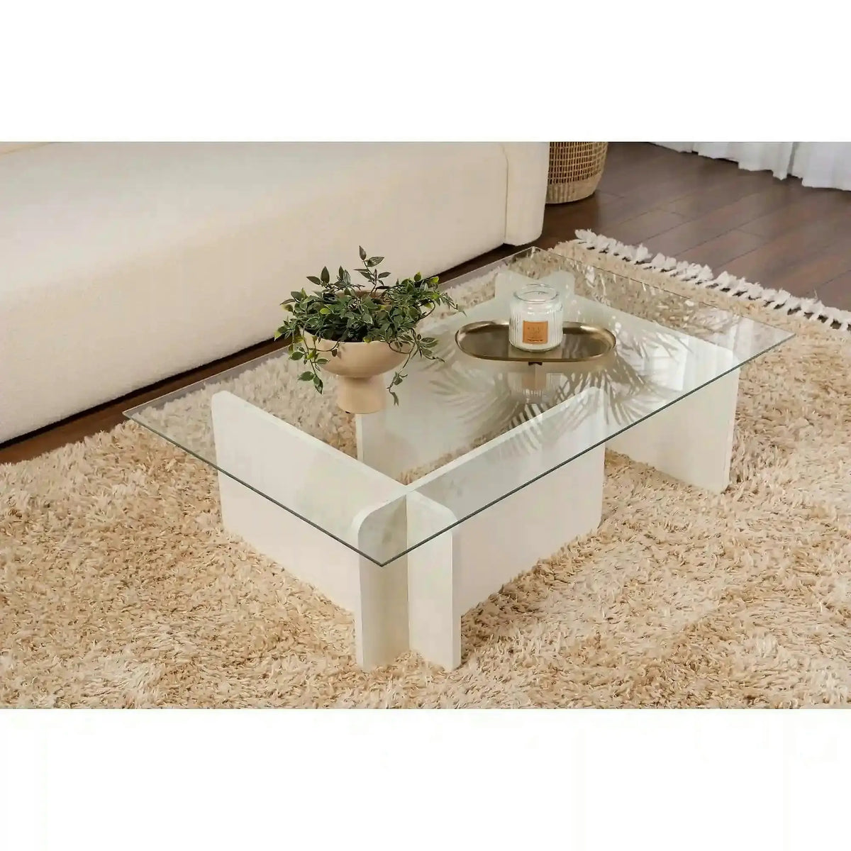 Masuta cafea FLAVIO, alb/transparent, PAL/sticla, 105x65x30 cm
