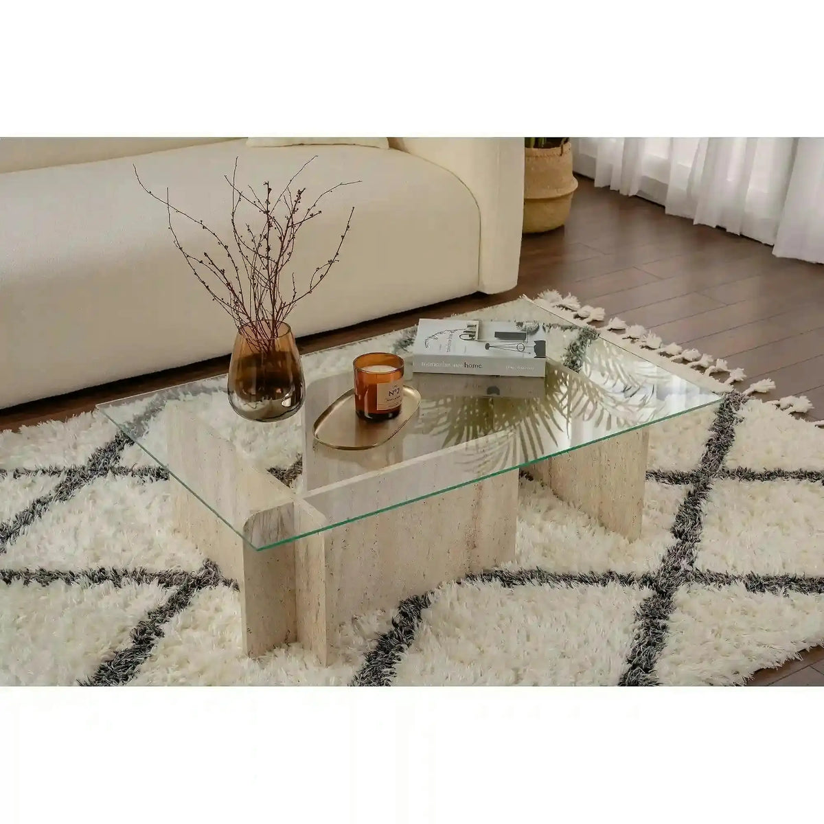 Masuta cafea FLAVIO, bej cu efect de piatra travertin/transparent, PAL/sticla, 105x65x30 cm