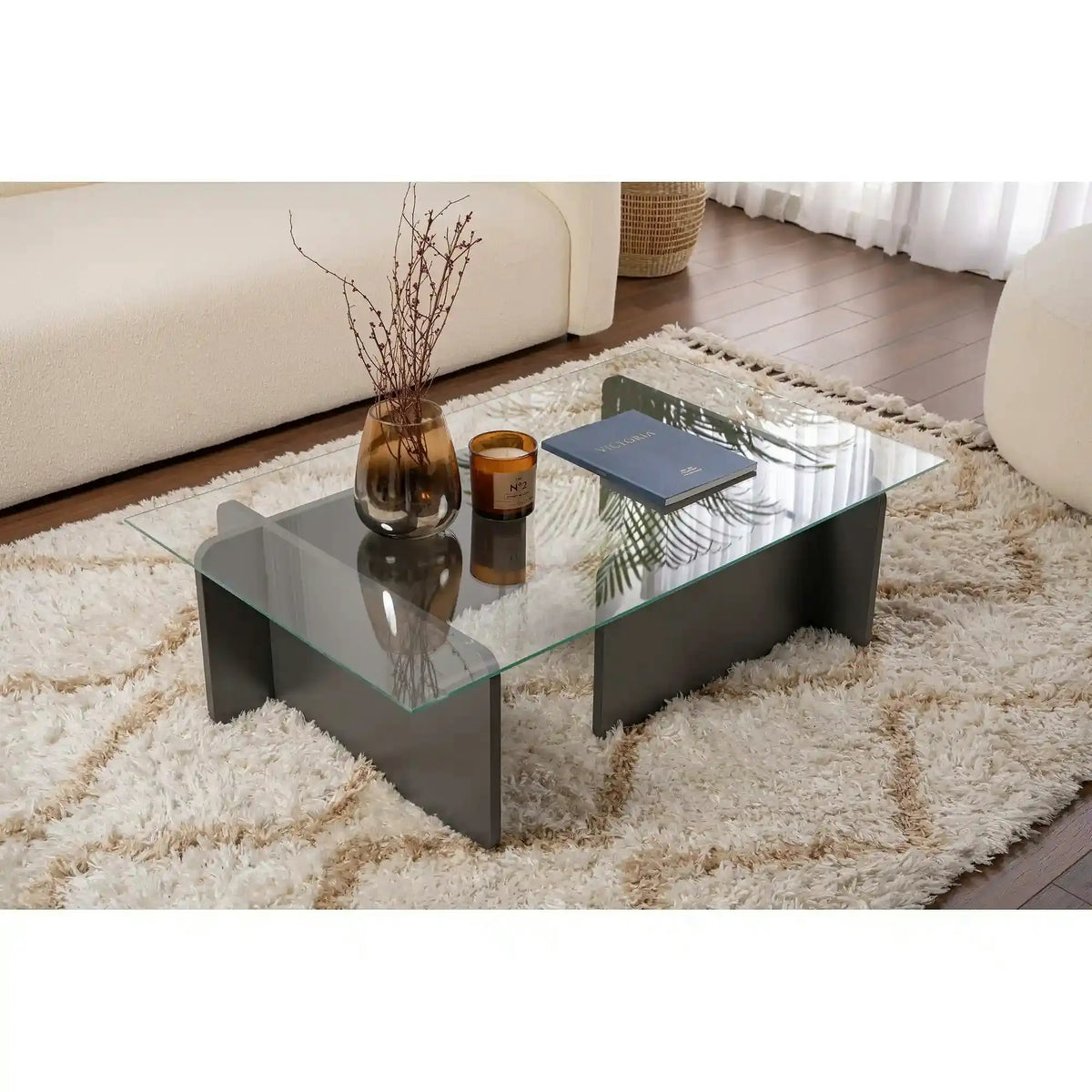 Masuta cafea FLAVIO, gri antracit/transparent, PAL/sticla, 105x65x30 cm