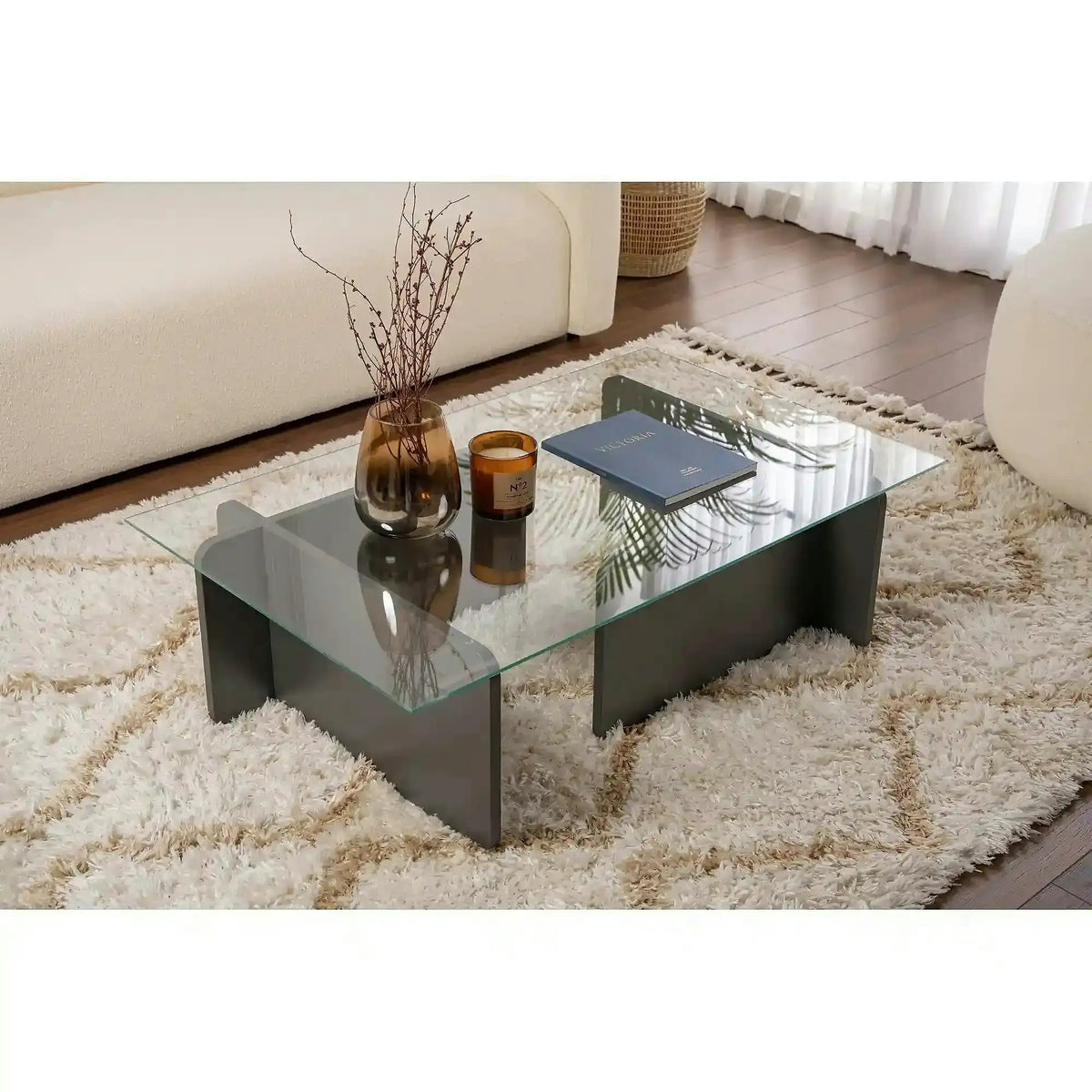 Masuta cafea FLAVIO, gri antracit/transparent, PAL/sticla, 105x65x30 cm