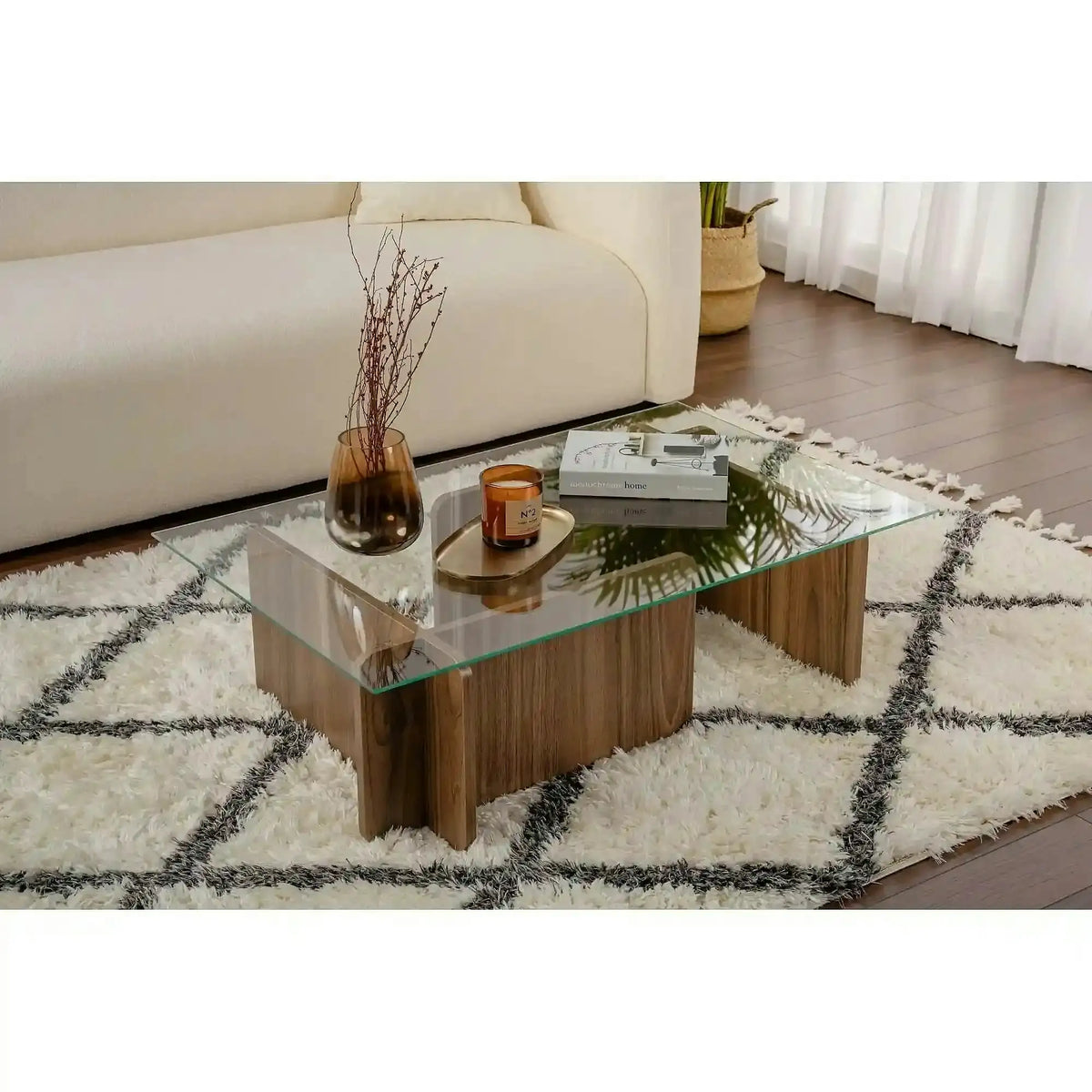 Masuta cafea FLAVIO, nuc/transparent, PAL/sticla, 105x65x30 cm
